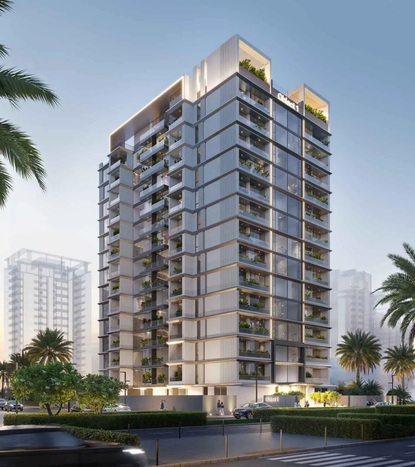 Tower with planted balconies at dusk beside palm trees