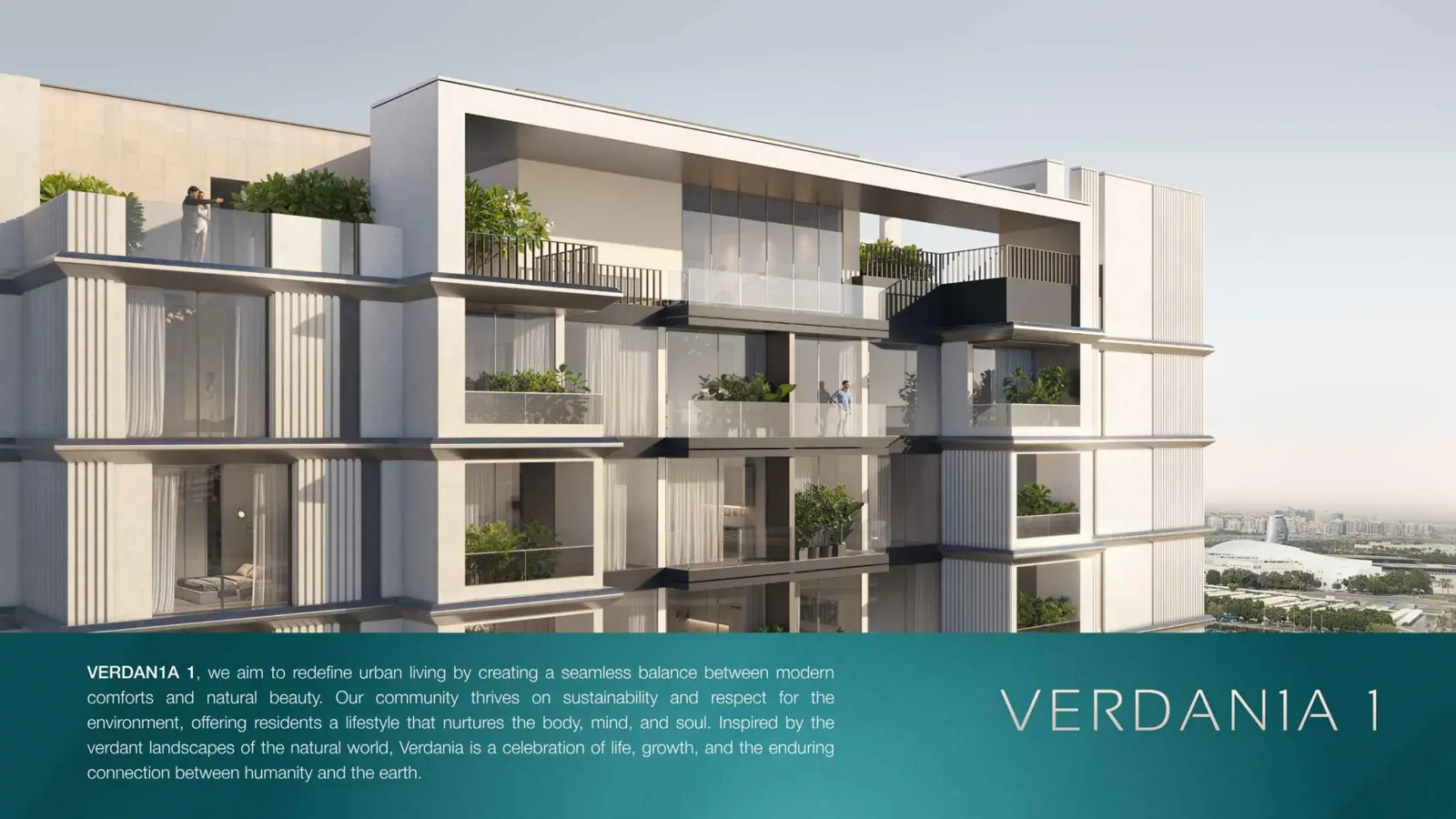 Upper floors with green balconies and rooftop terraces