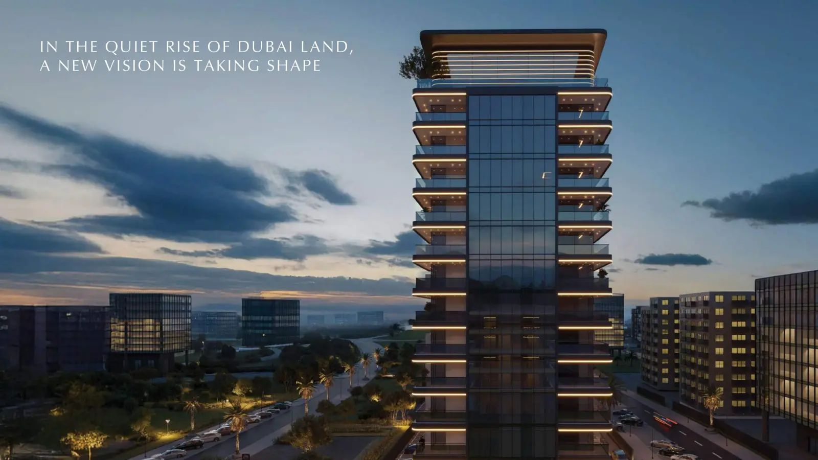 Tower at dusk with lit balconies and road