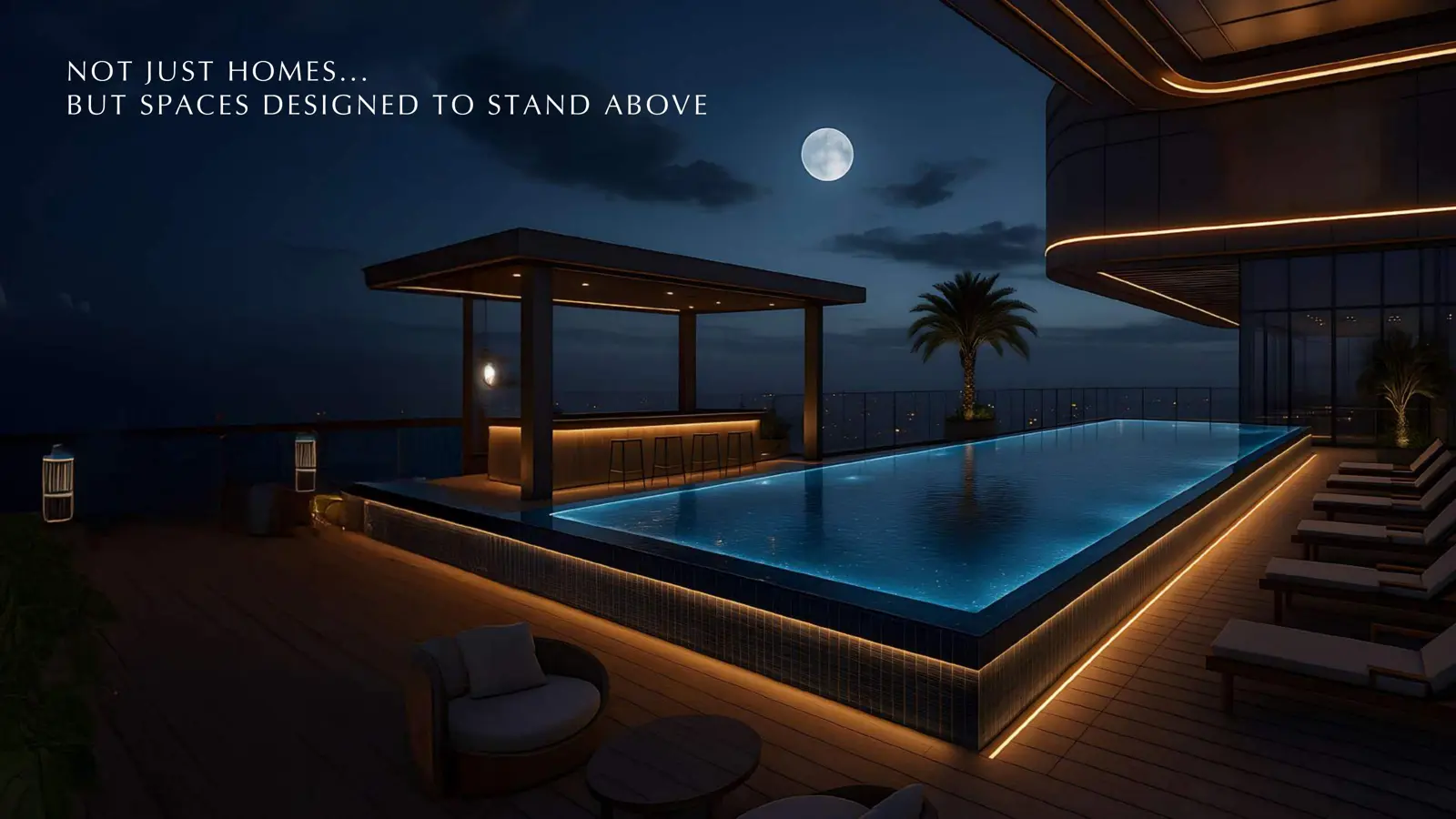 Rooftop infinity pool and bar at night