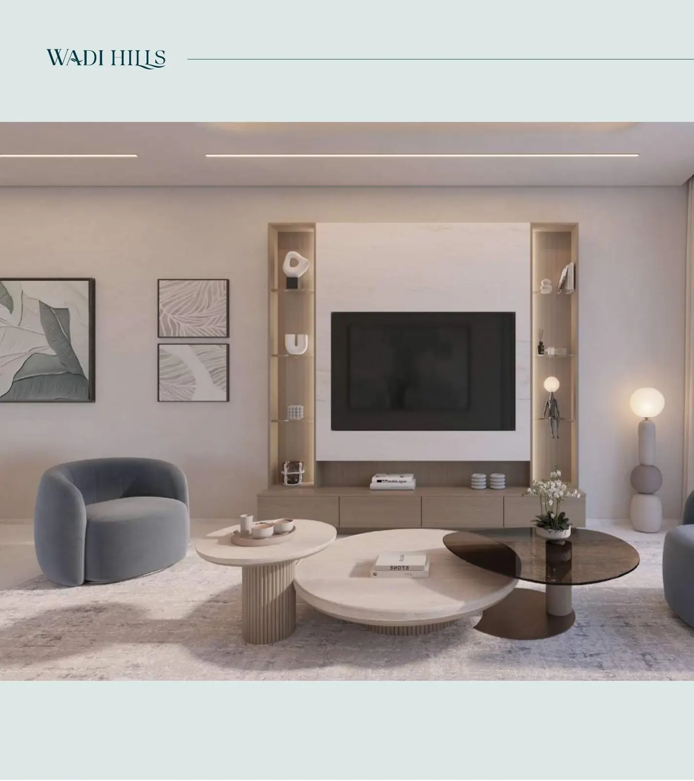Living room with TV unit and round tables