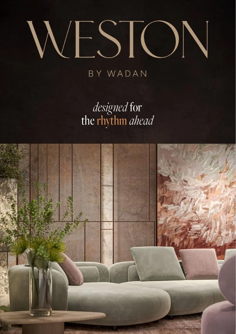 Brochure cover with lounge interior and project logo