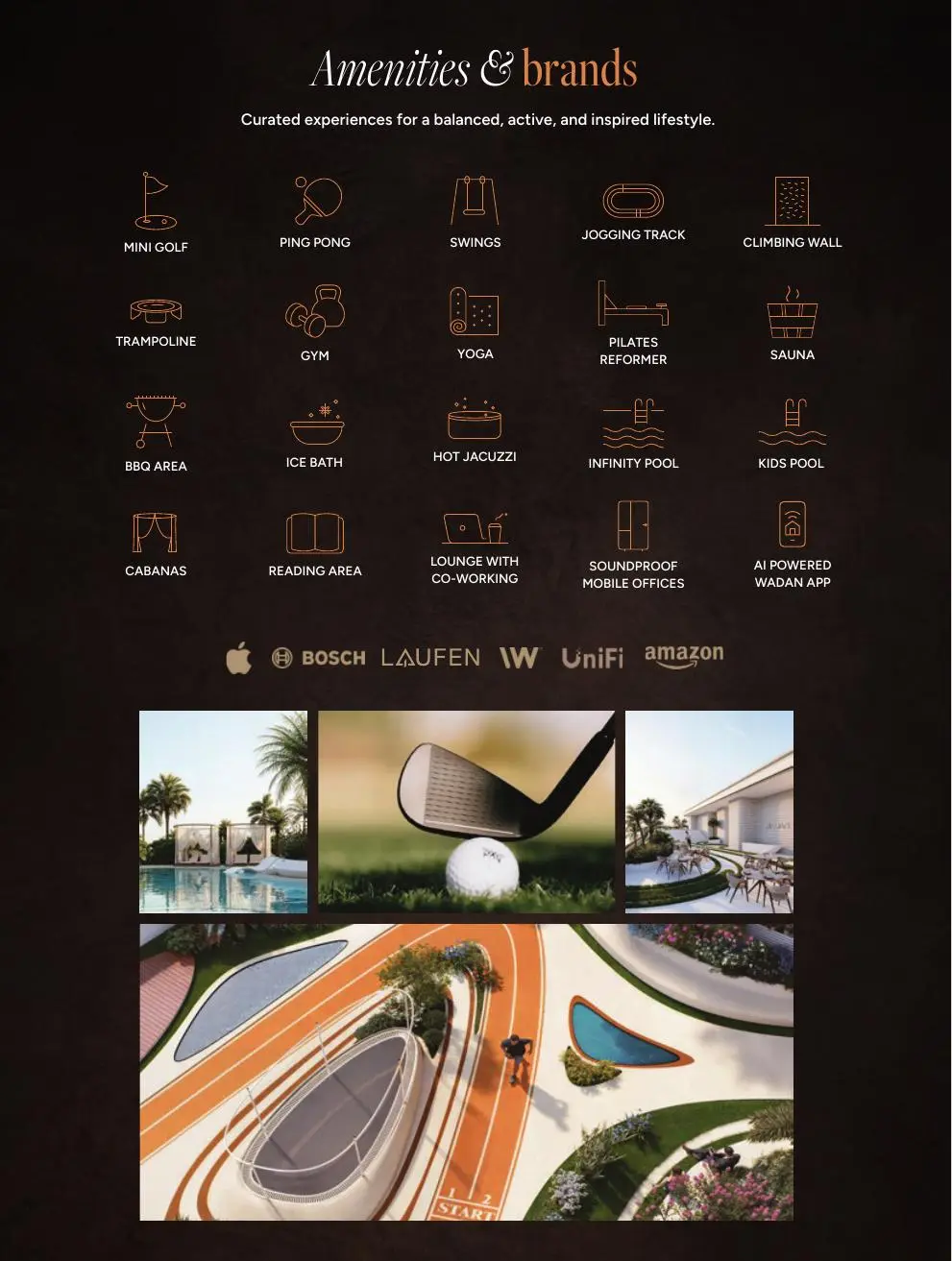 Amenity icons, brand logos and amenity renders