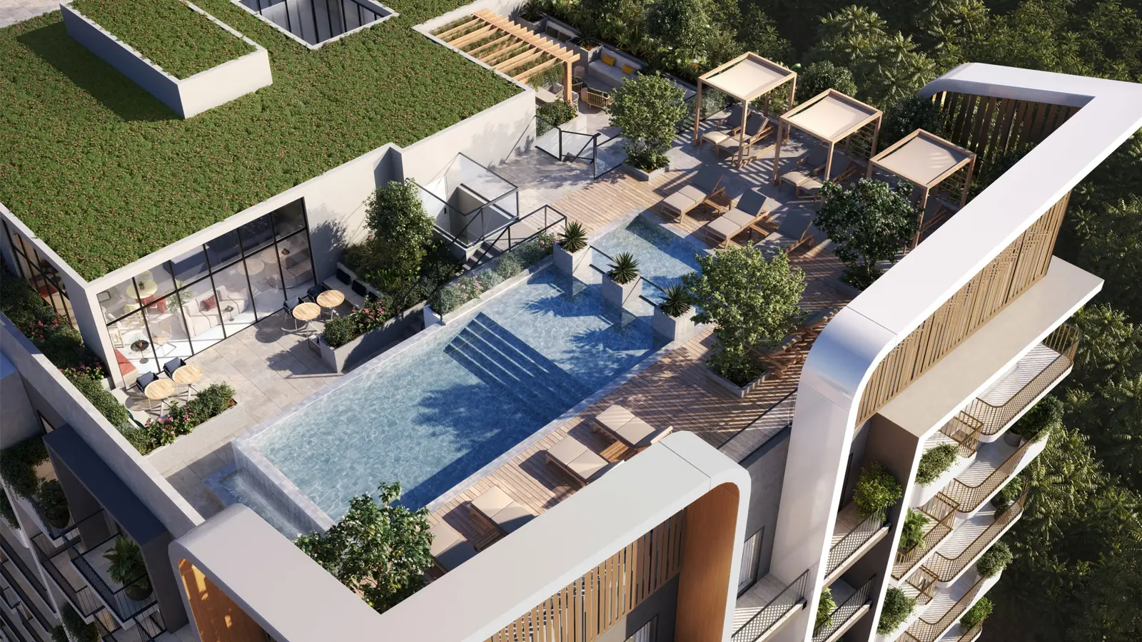 Rooftop infinity pool and sun loungers seen from above