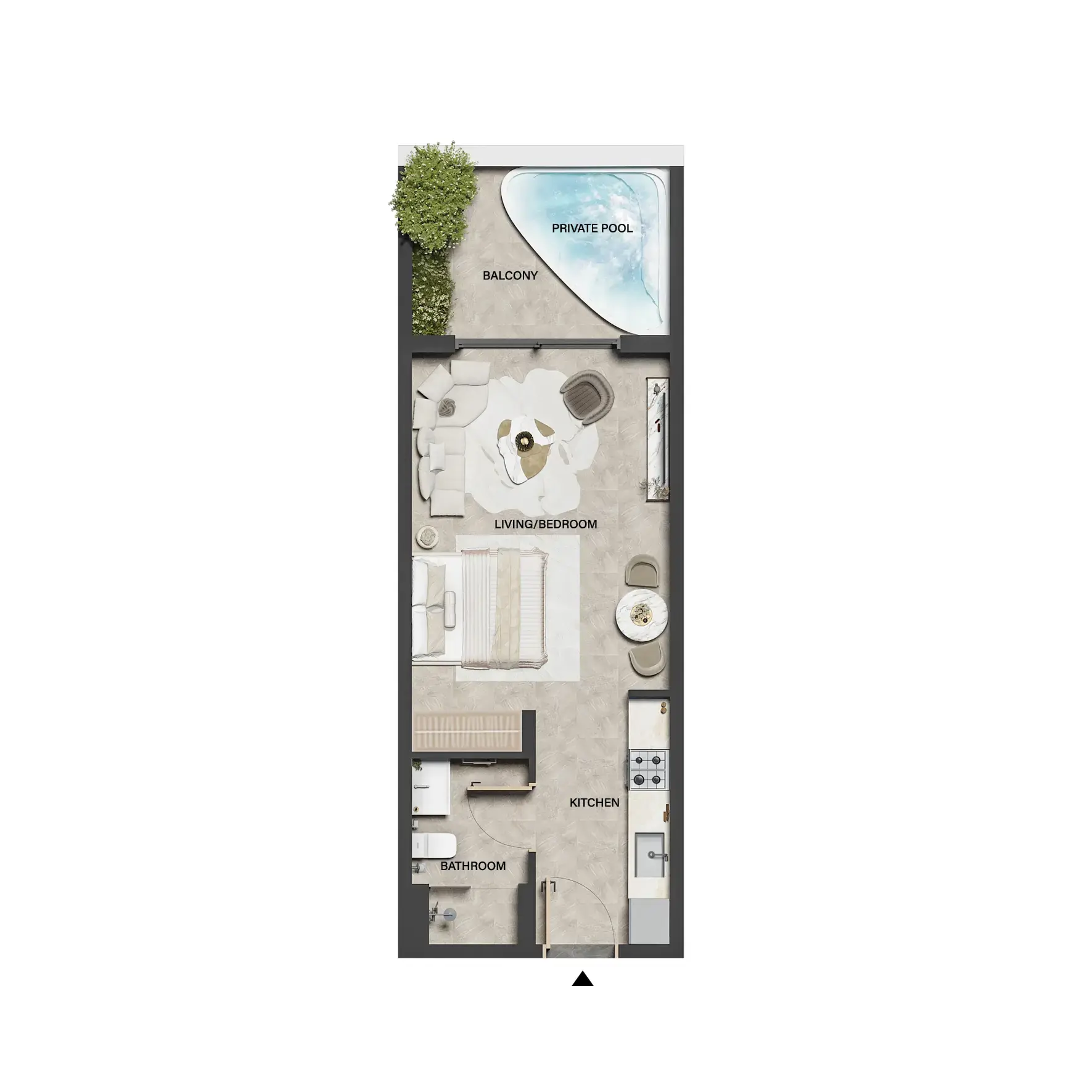 Studio floor plan with balcony and private pool
