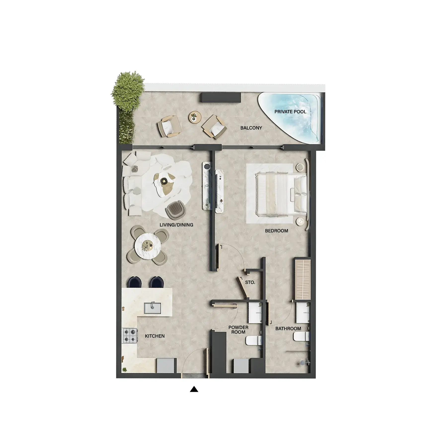 One bedroom floor plan with balcony and private pool