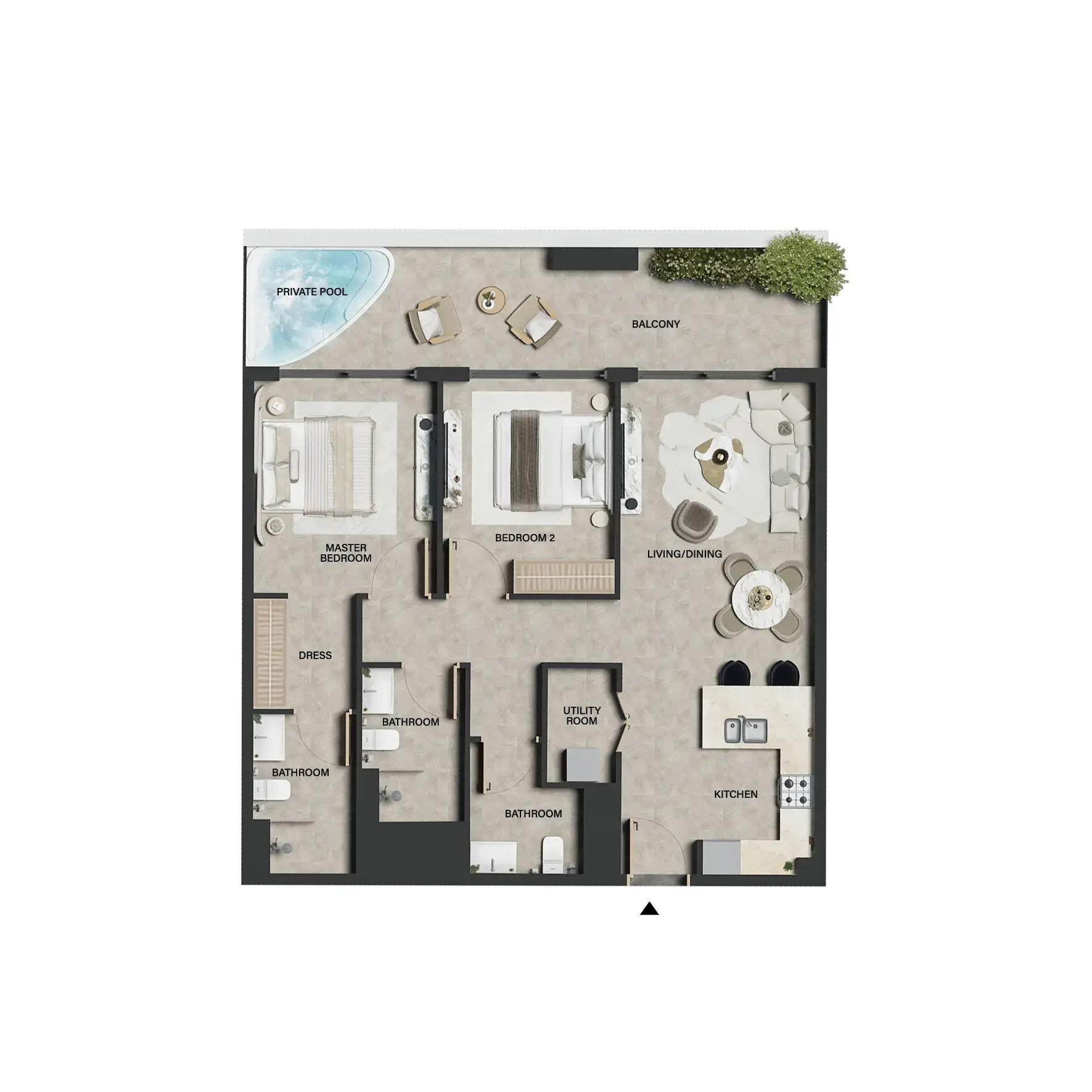 Two bedroom floor plan with balcony and private pool