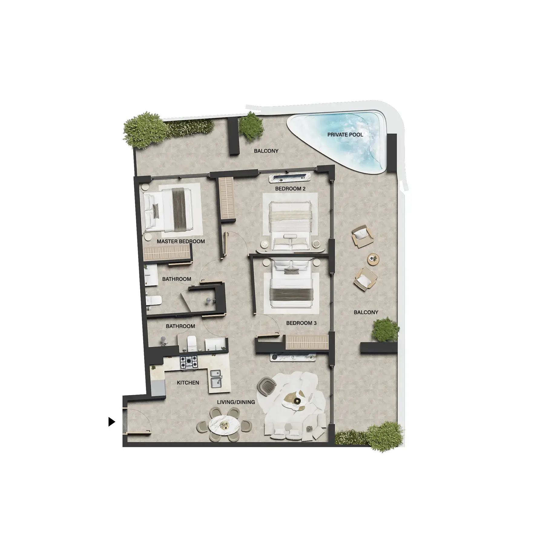 Three bedroom floor plan with balcony and private pool