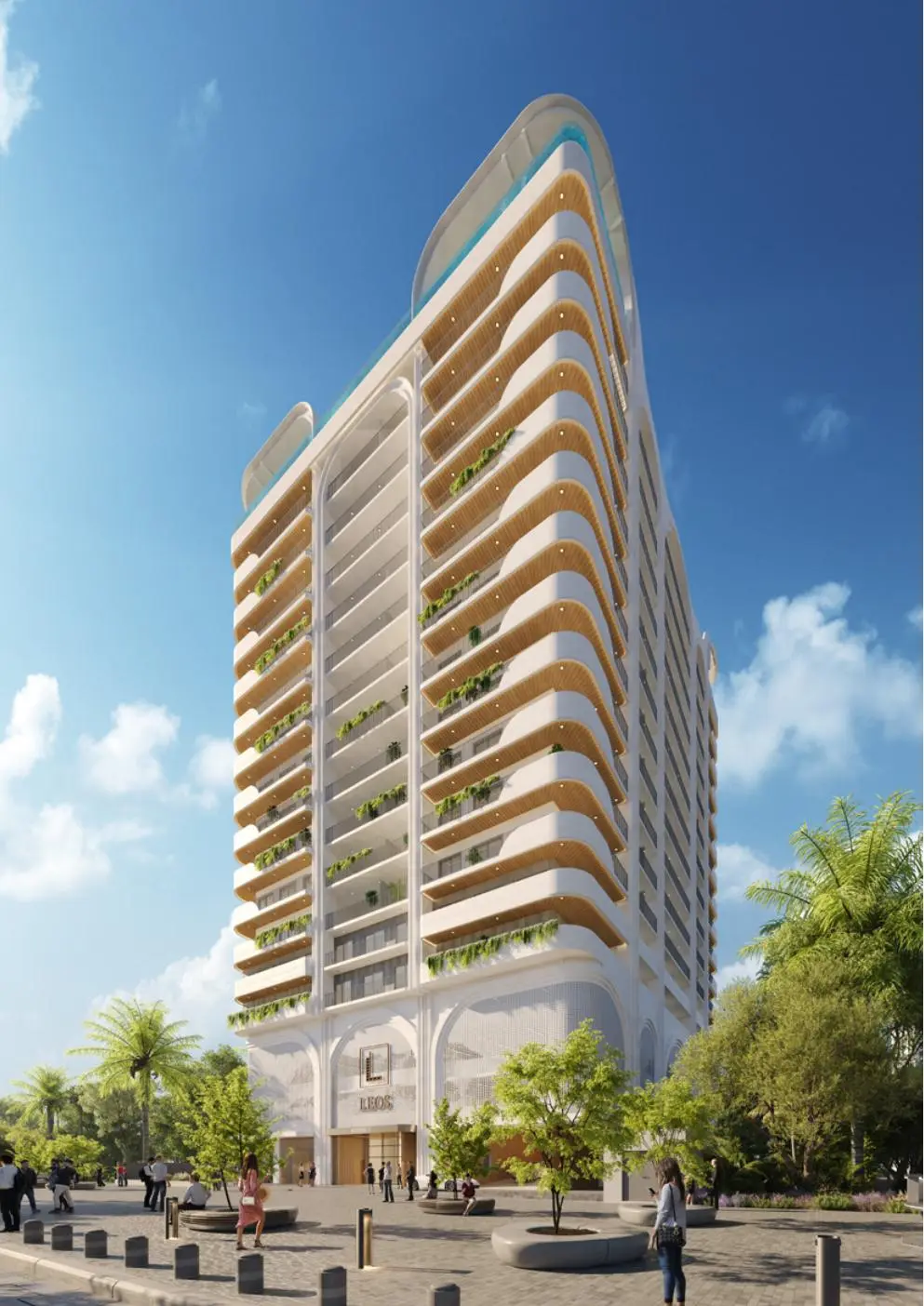 Tower seen from street level with curved balconies