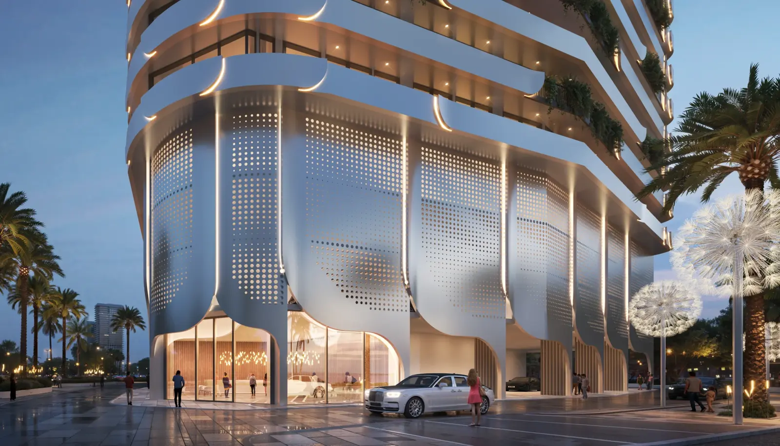 Perforated petal-shaped facade at the tower base, dusk