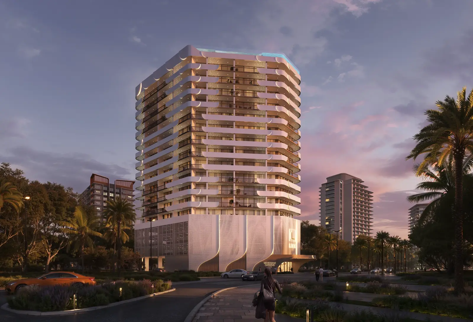 Tower with wavy white balconies at dusk