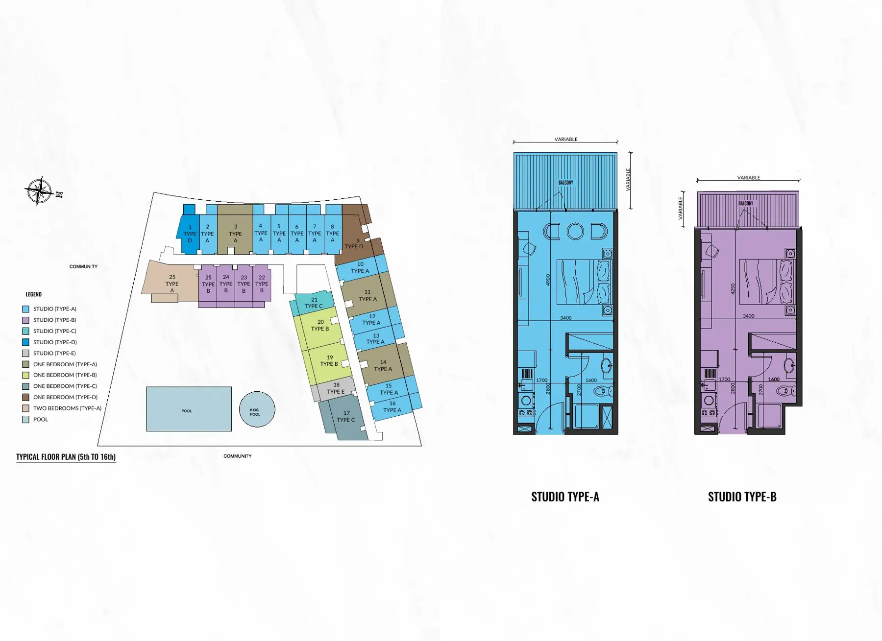 Typical floor plan and studio types A and B