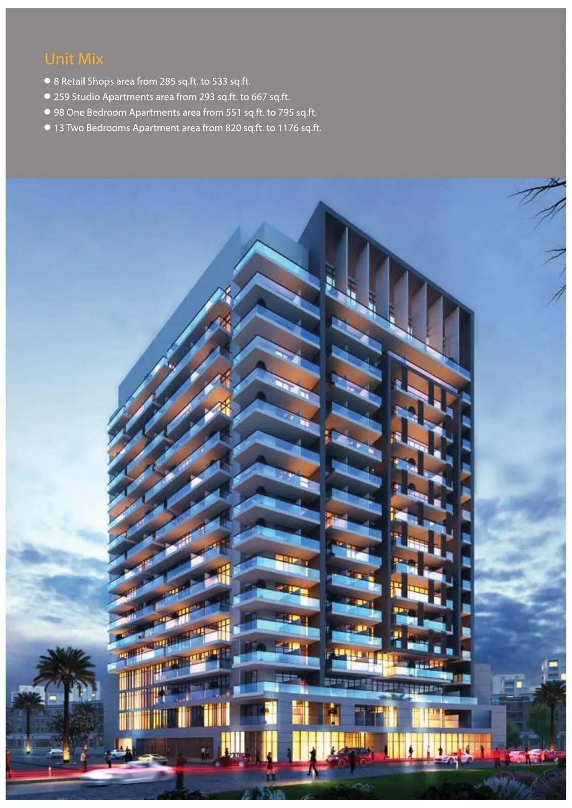 Tower at dusk with unit mix text