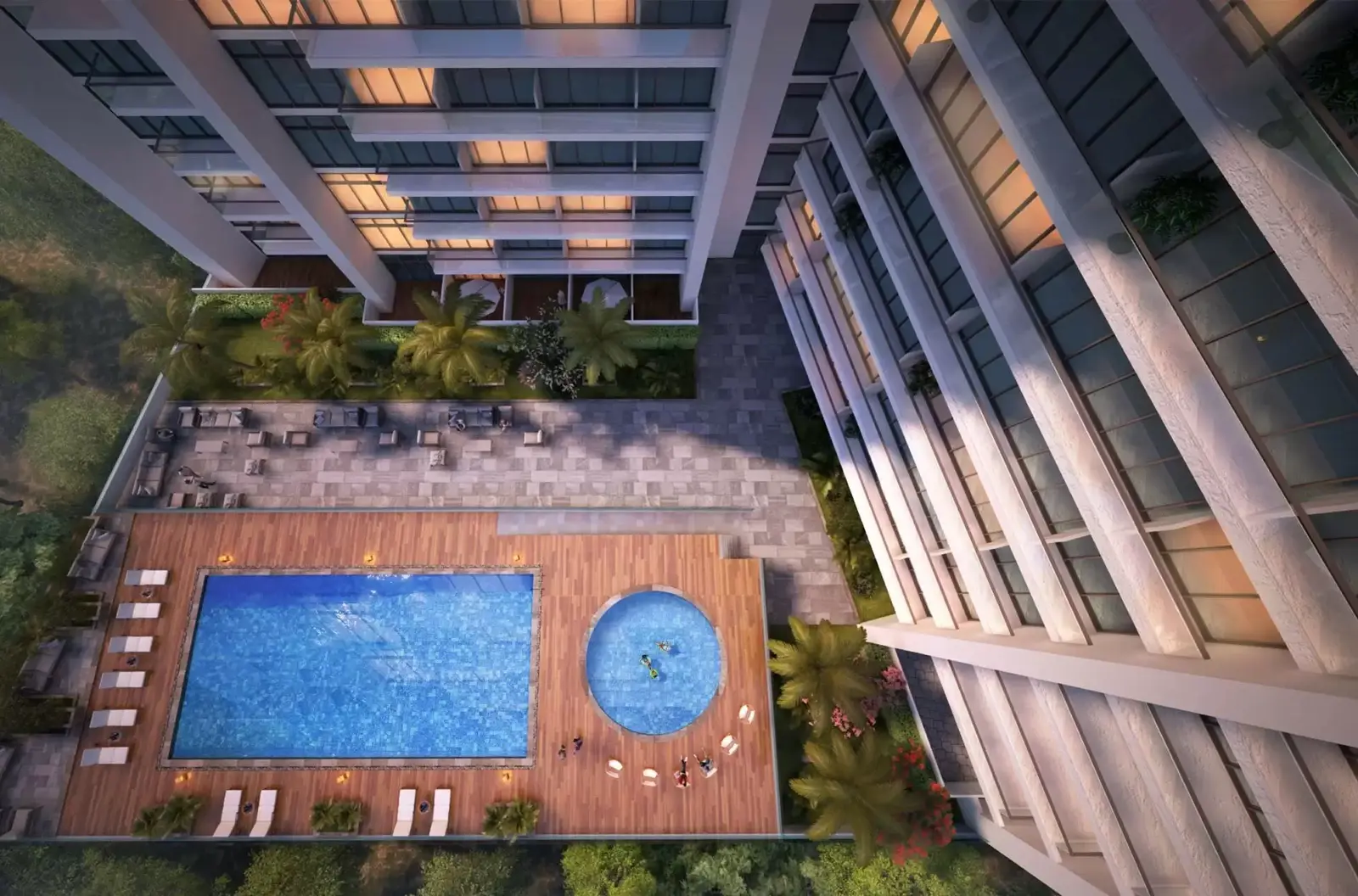 Aerial view of pool deck between tower wings