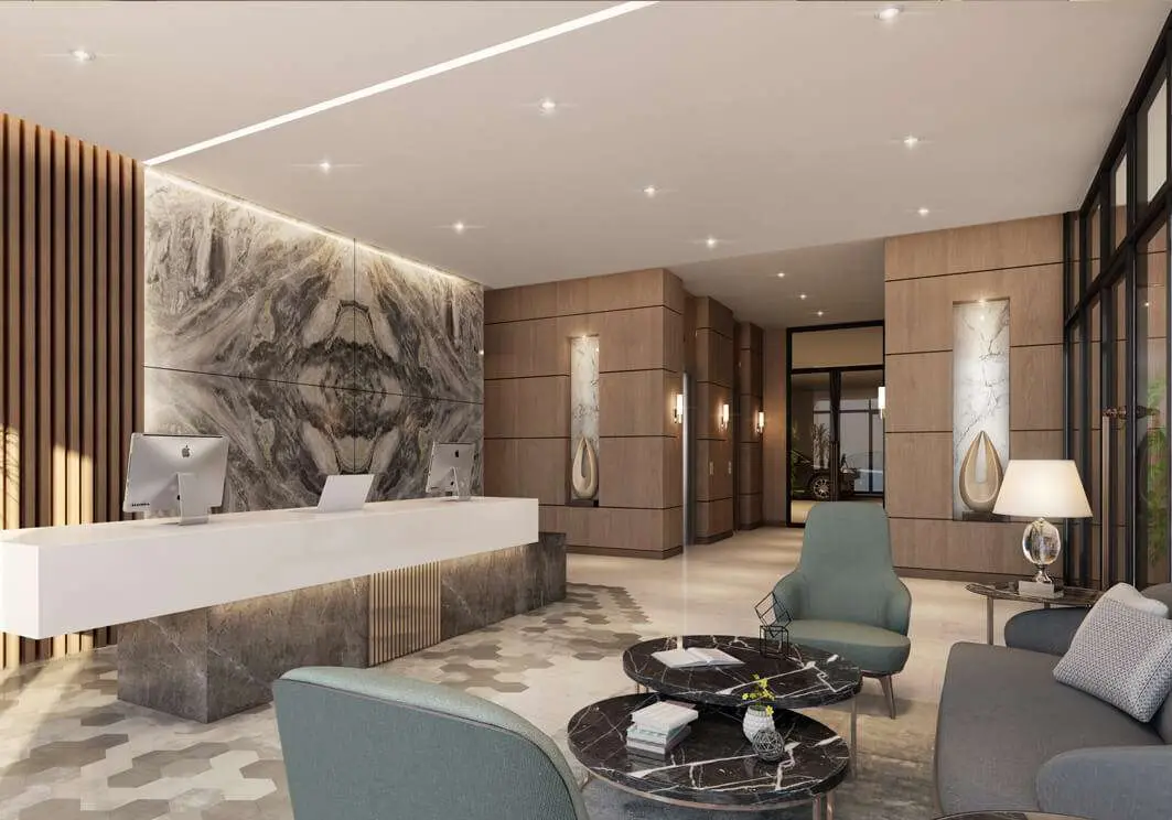 Lobby reception with stone feature wall
