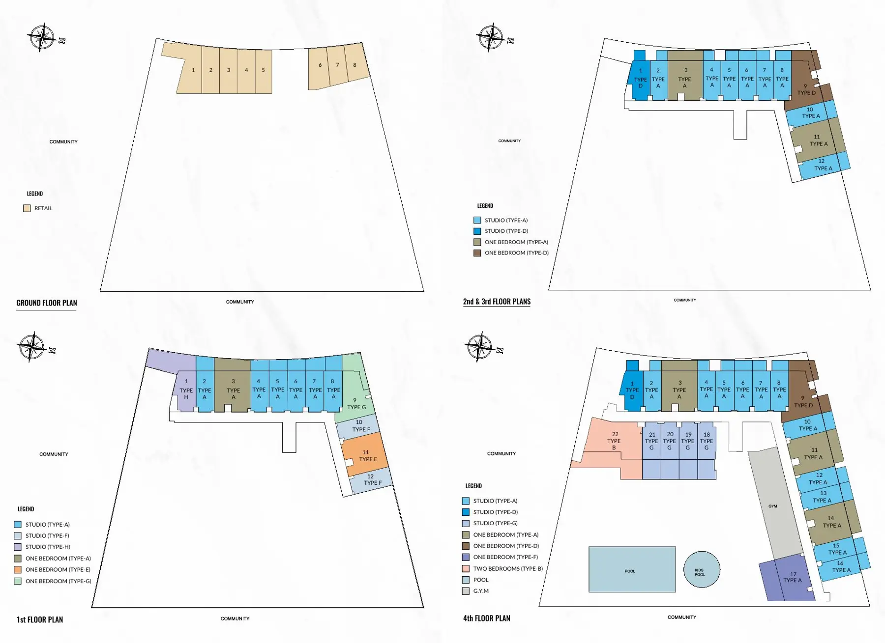 Ground, 1st, 2nd-3rd and 4th floor plans