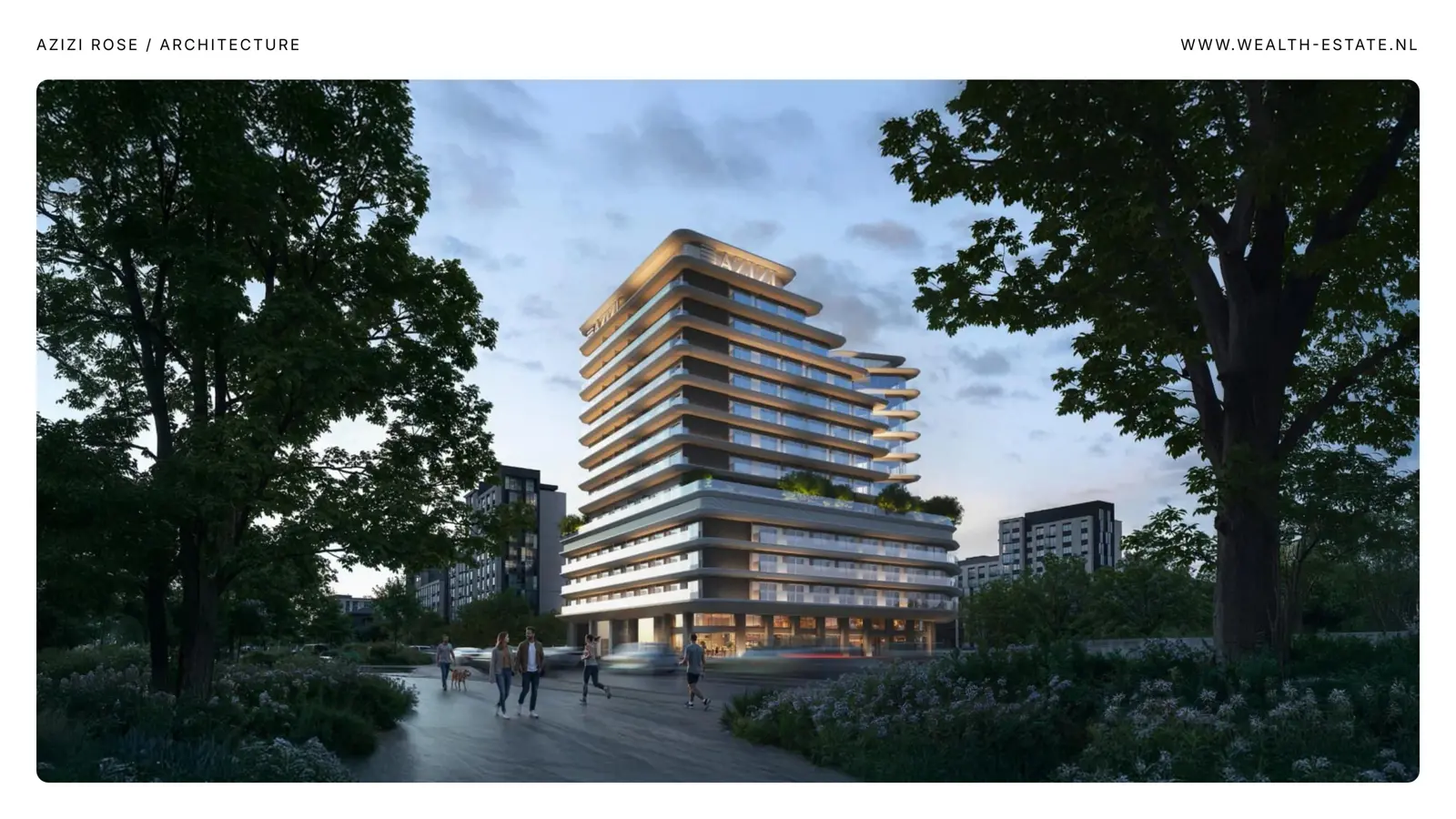Tower with curved terraces at dusk in a park setting