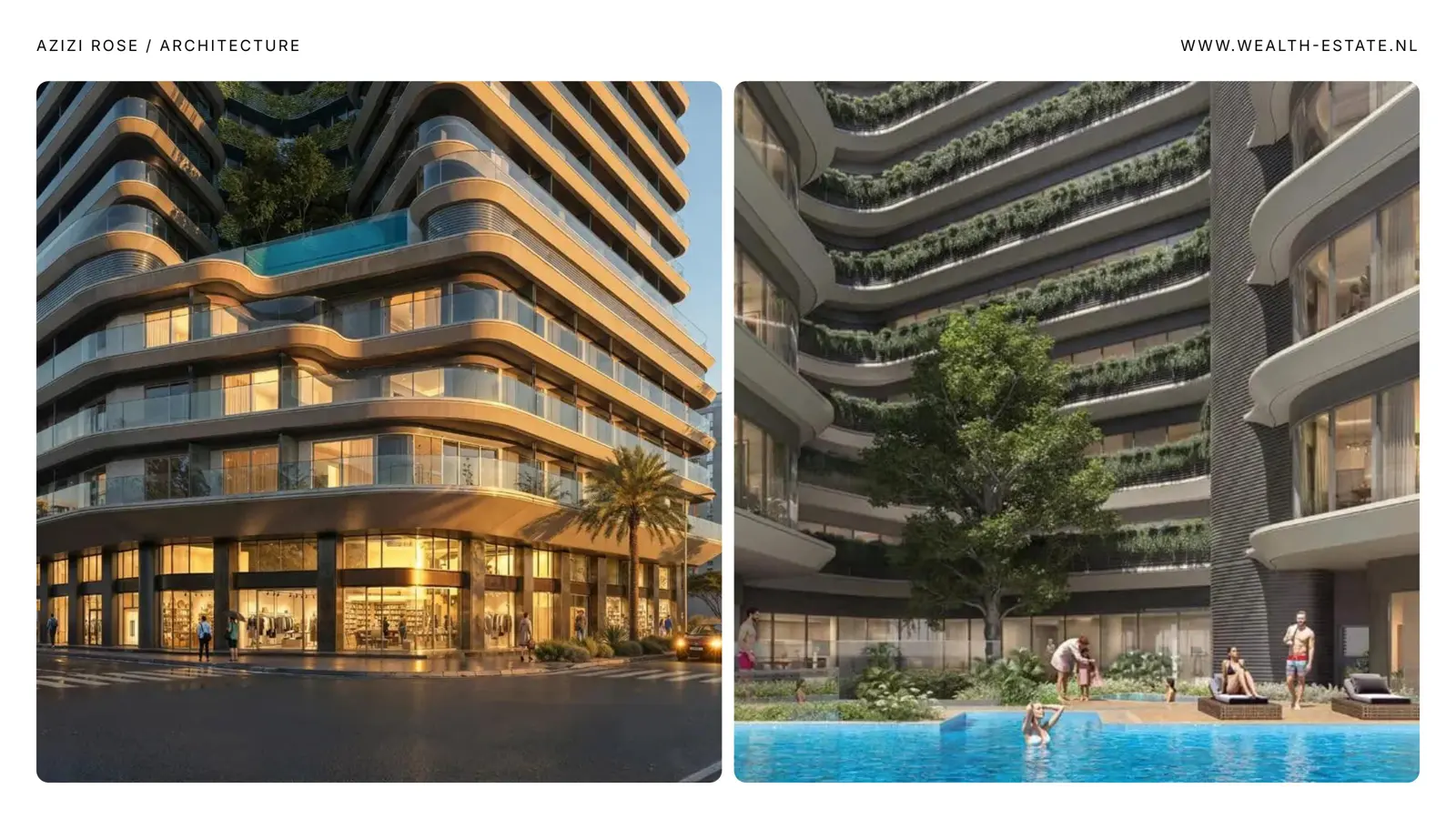 Retail podium corner and pool deck with planted terraces