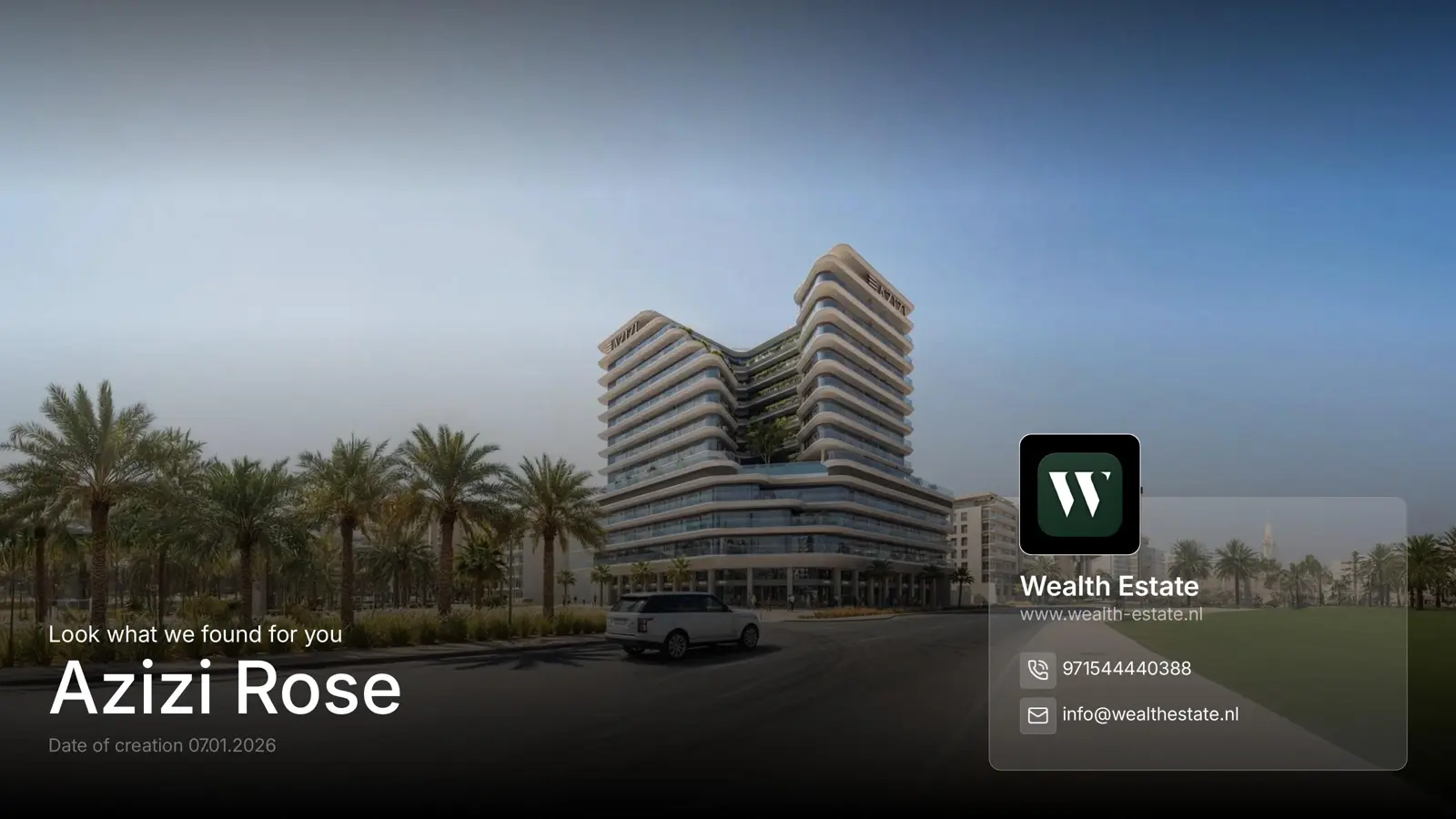 Azizi Rose building seen from the road at dusk