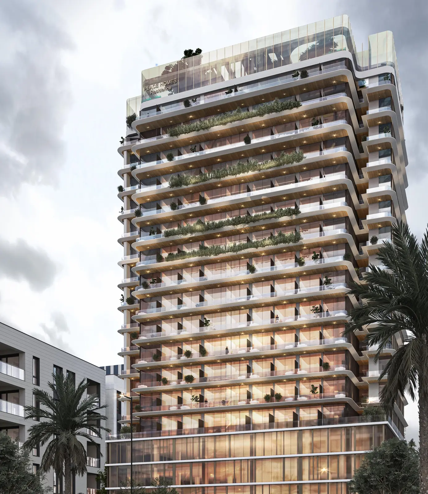 Tower with planted balcony terraces seen from street level