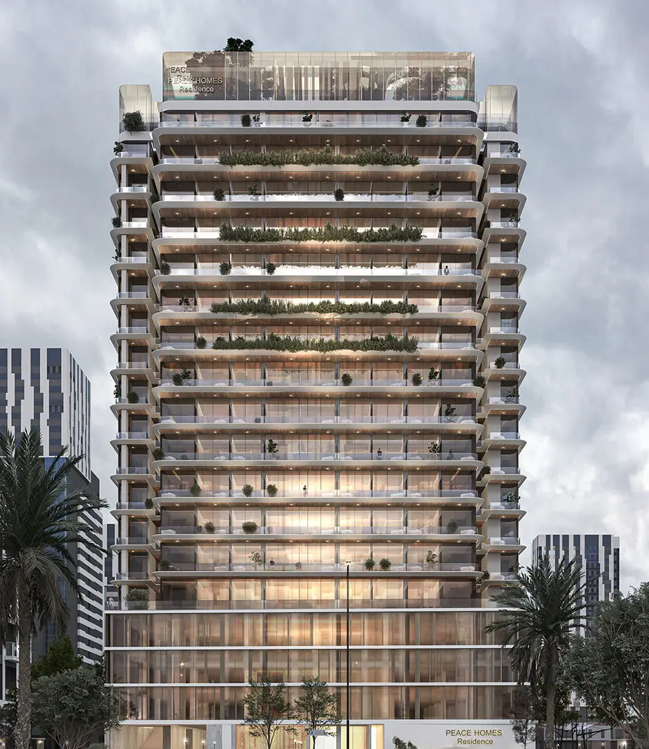 Front view of the tower with green terraces