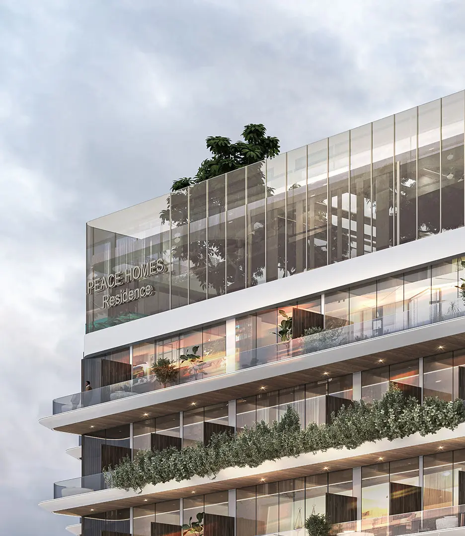 Glass rooftop volume and planted balconies close up