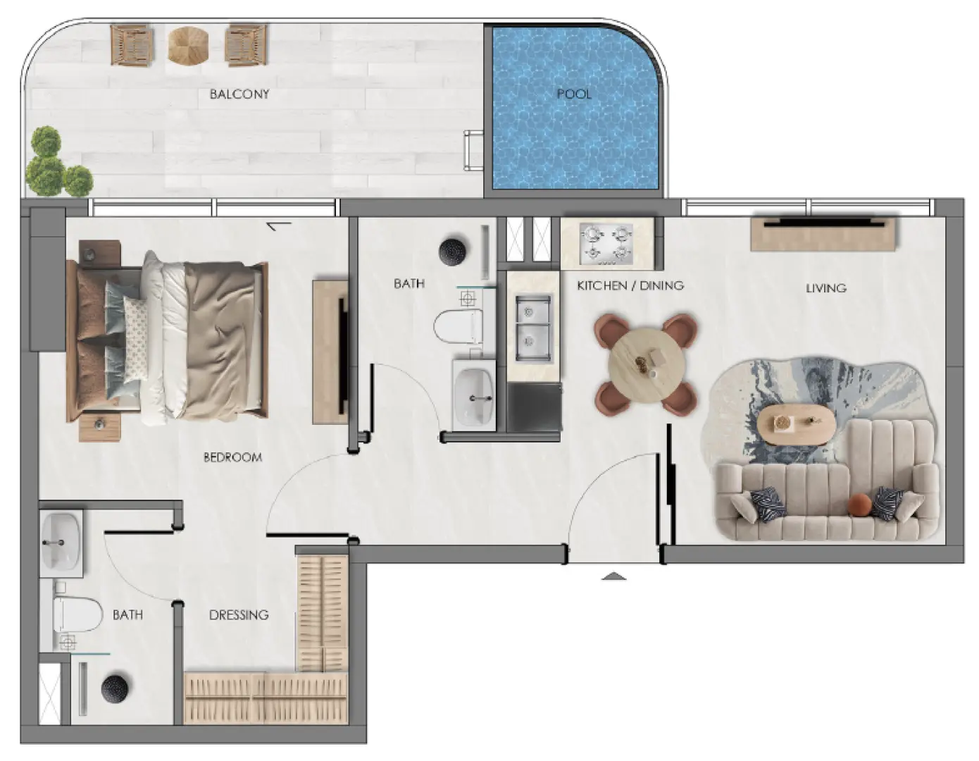 One-bedroom apartment plan with large balcony and pool