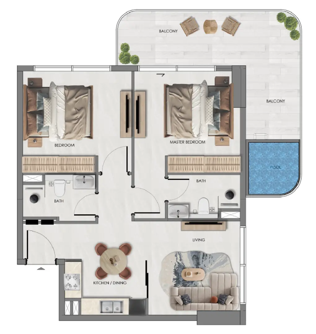 Two-bedroom apartment plan with corner balcony pool