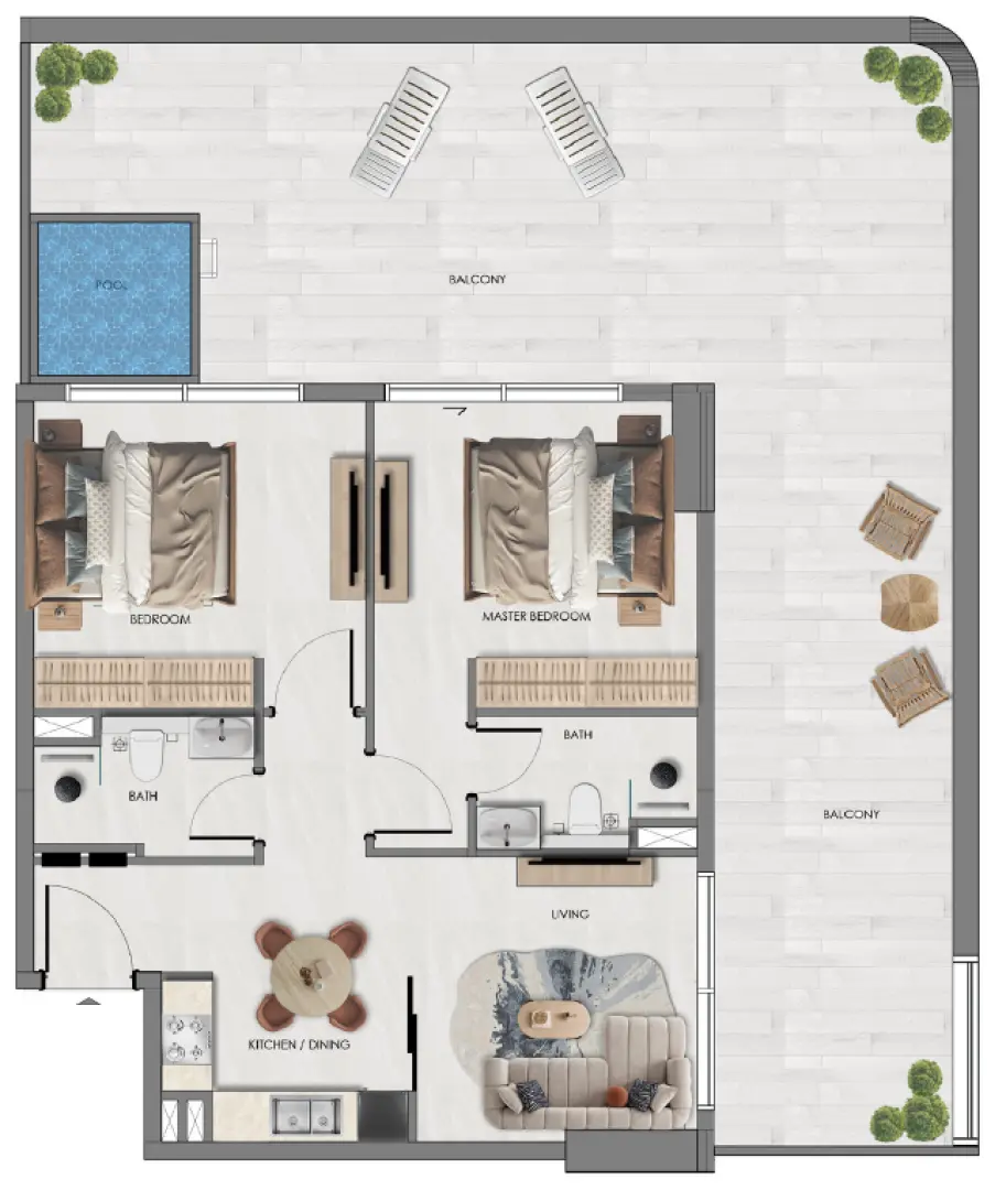 Two-bedroom apartment plan with wraparound balcony and pool