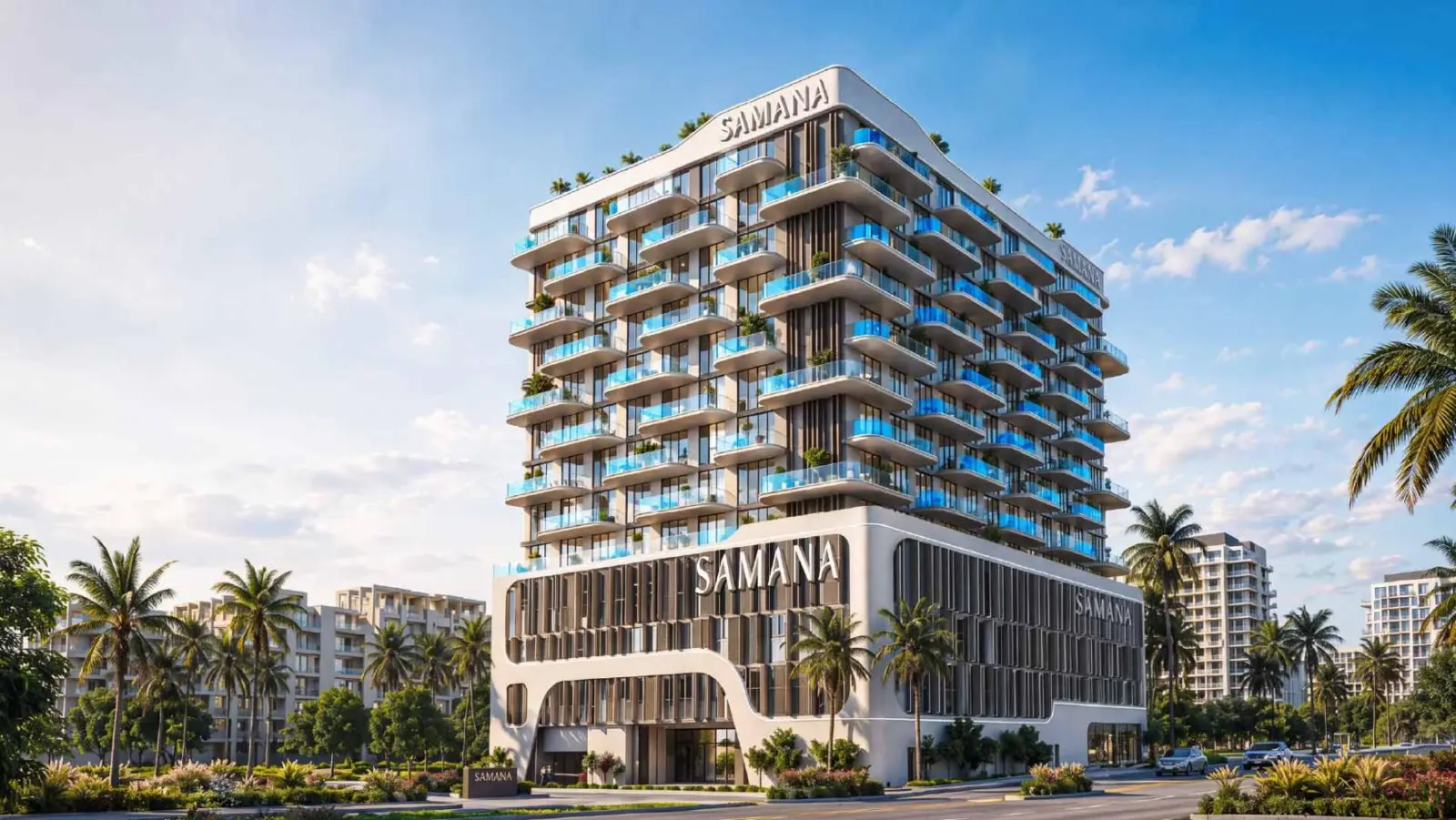 Tower with pool balconies in daylight