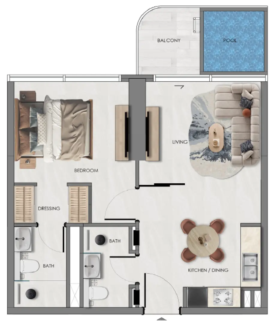 One-bedroom apartment plan with balcony pool