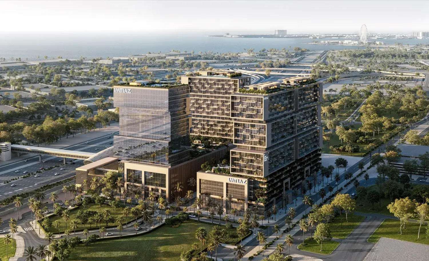 Aerial view of the towers with sea behind
