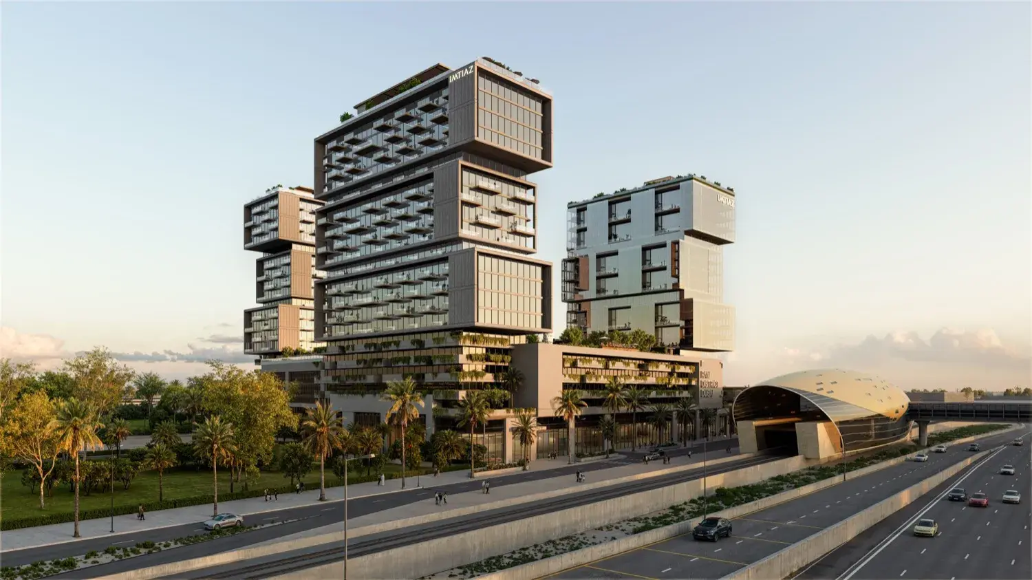 Towers beside the metro station and highway