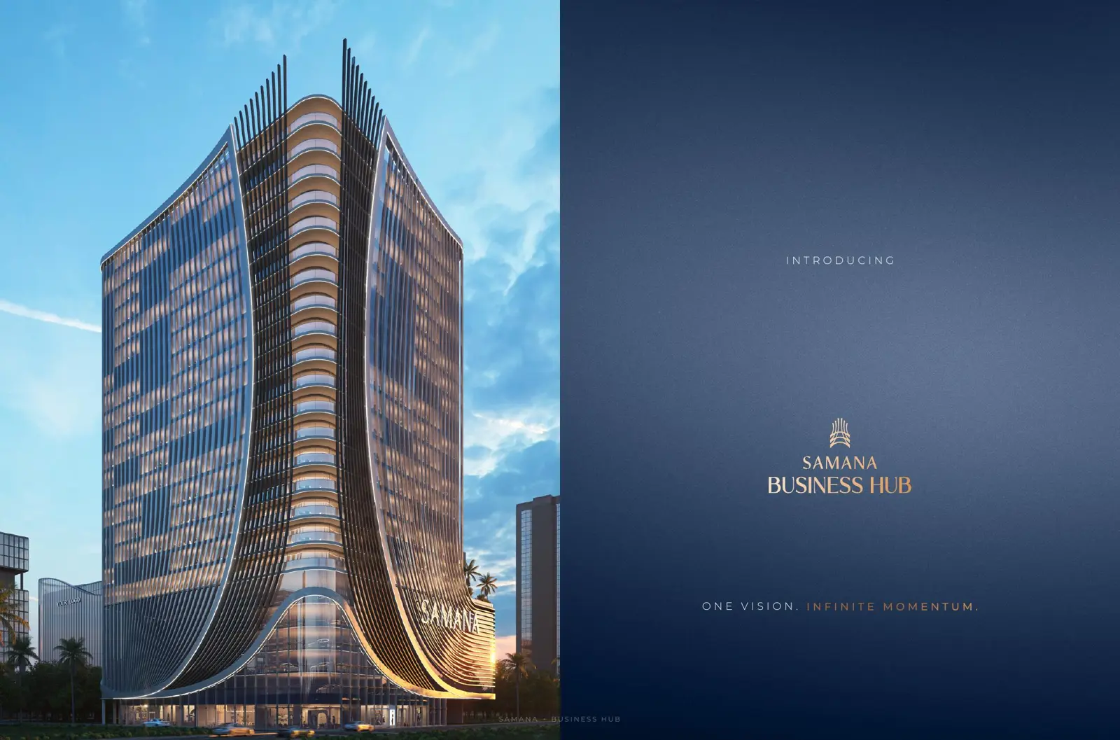 Curved glass tower at dusk with title page