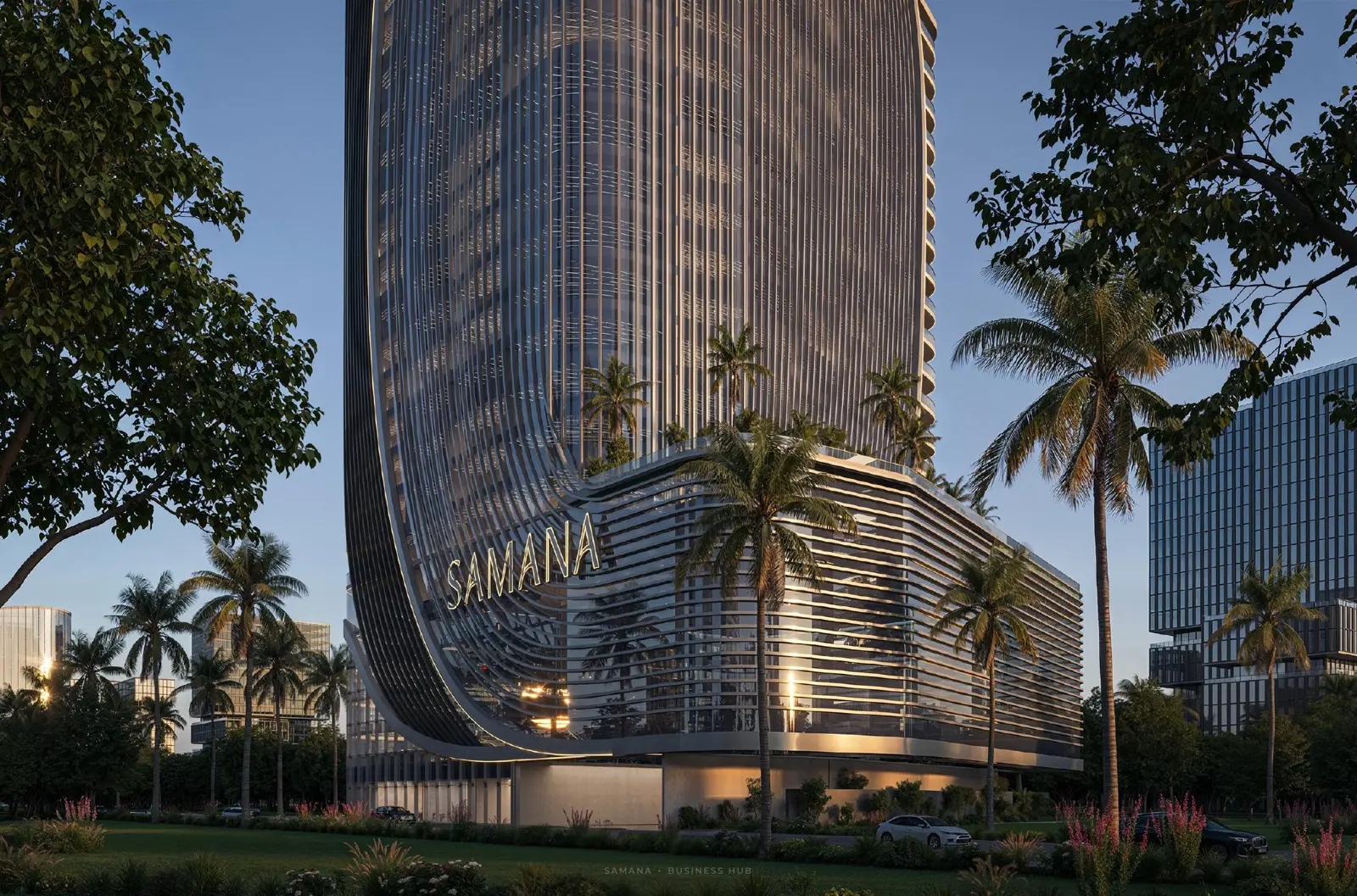 Tower base and podium with Samana sign among palms