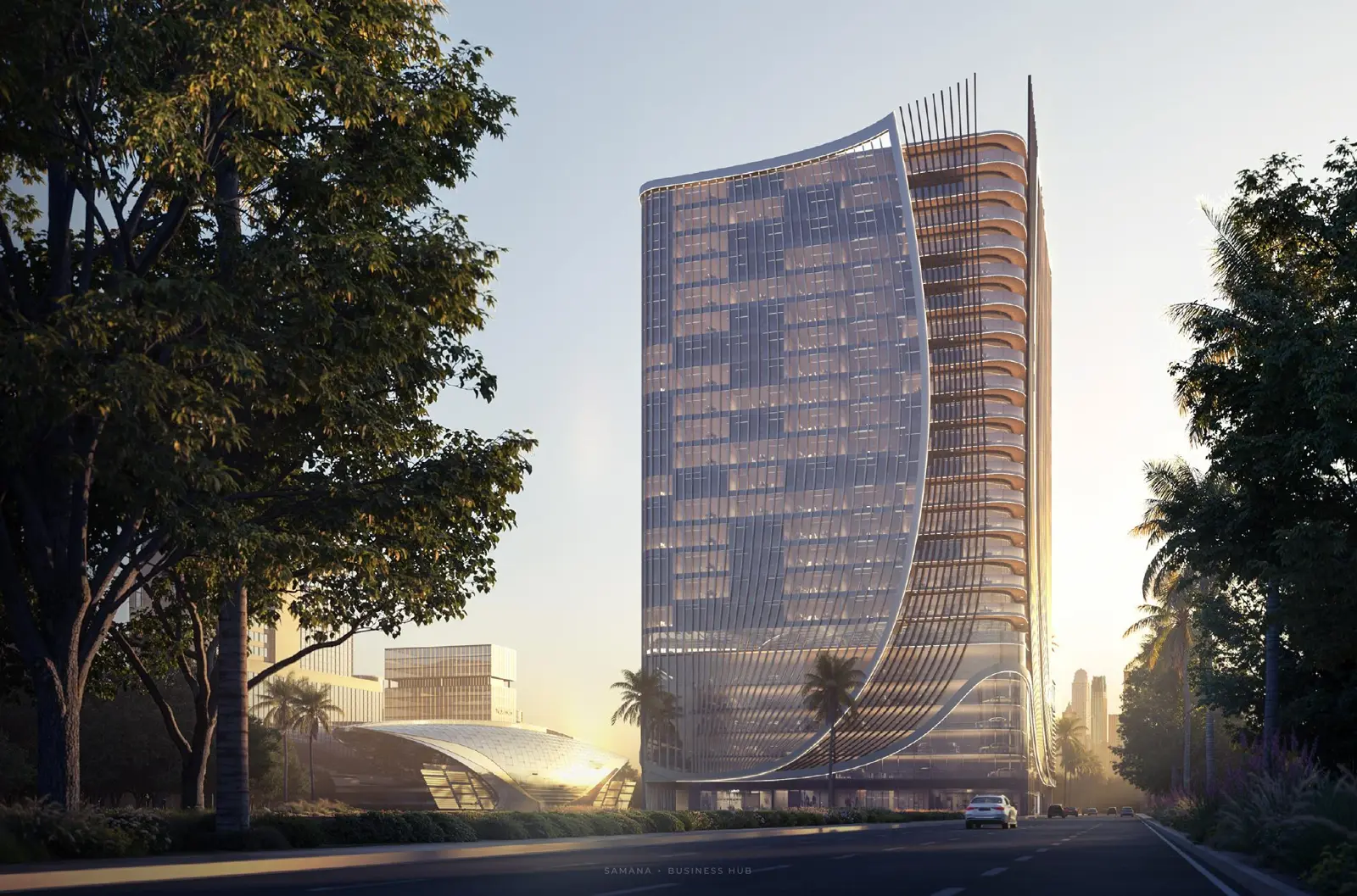 Tower seen from the road at sunset