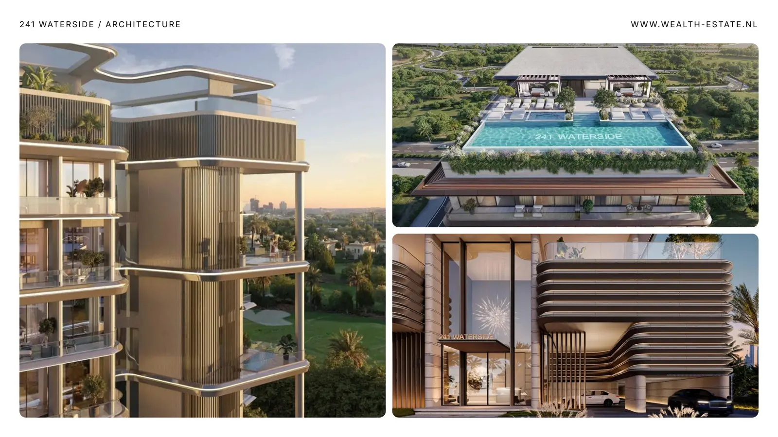 Tower corner, rooftop pool and entrance