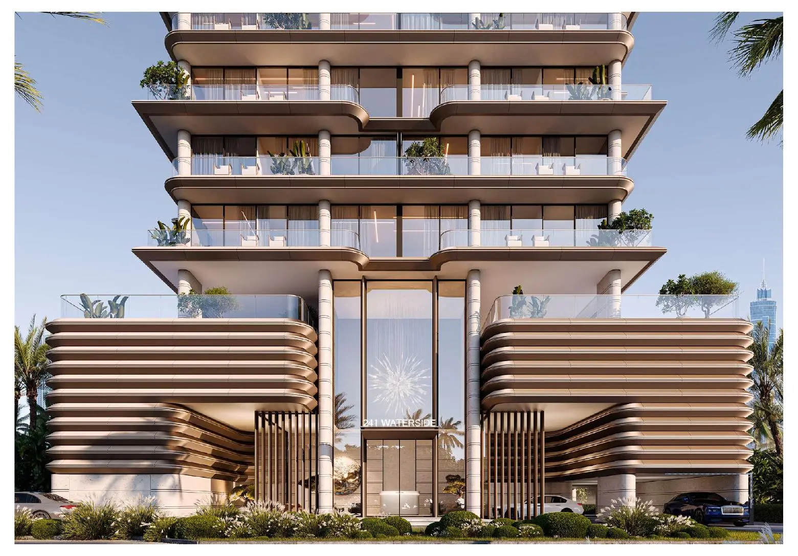 Tower front with curved podium and entrance
