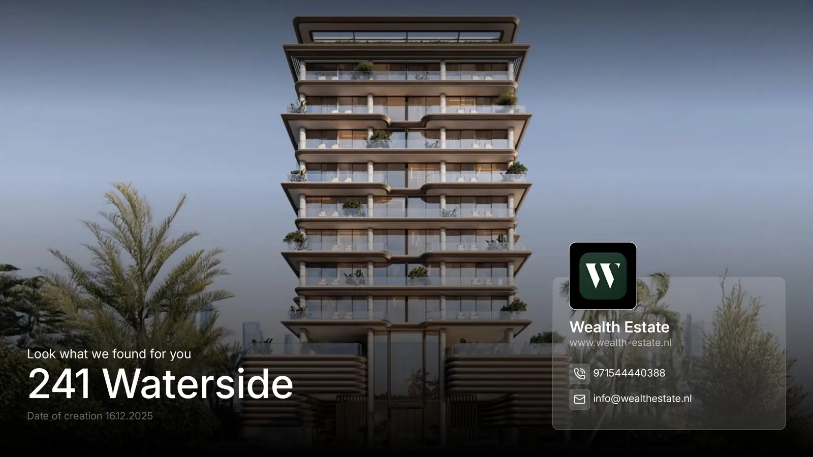 Full tower facade with stacked terraces at dusk