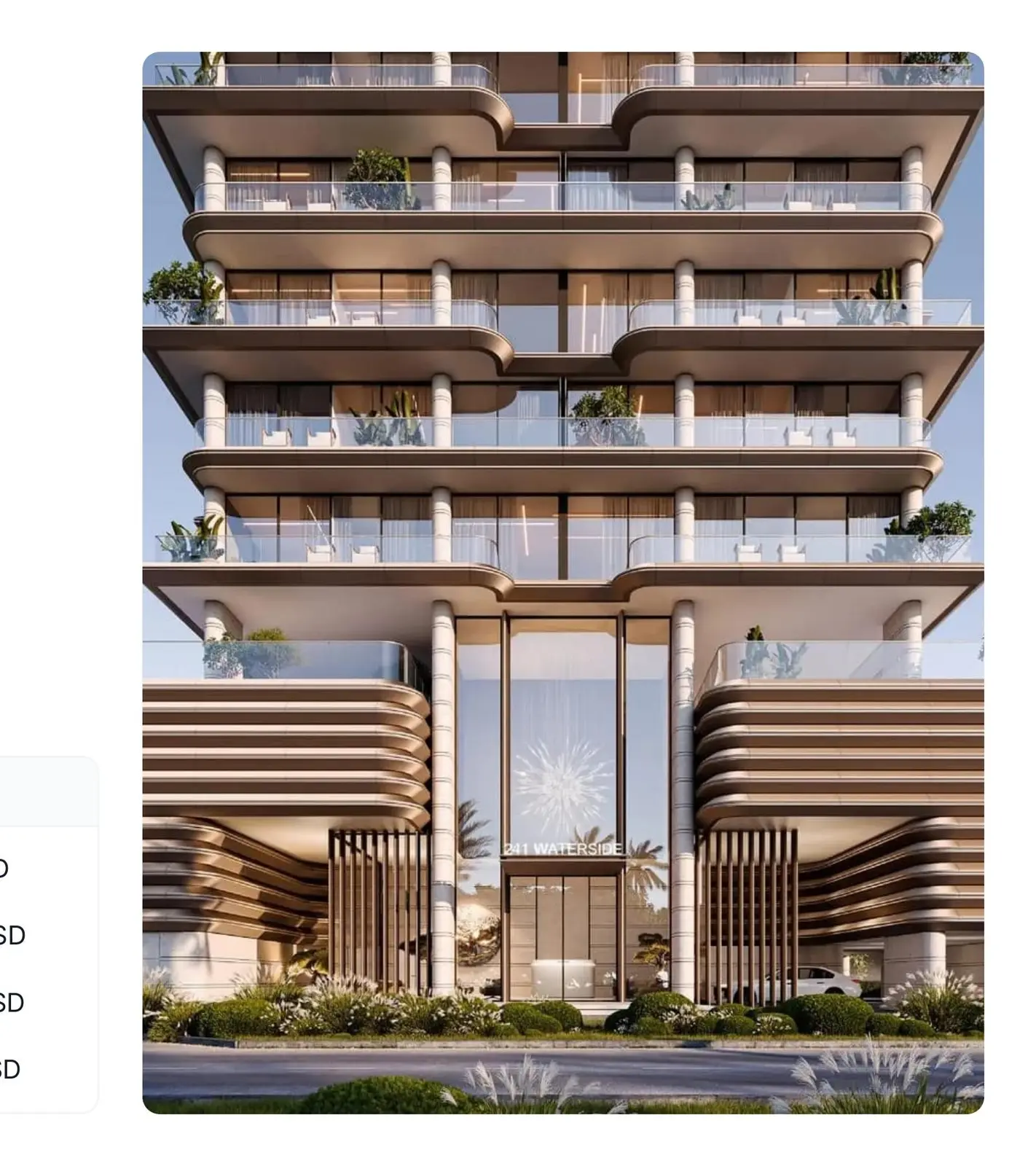Facade and entrance with unit price table