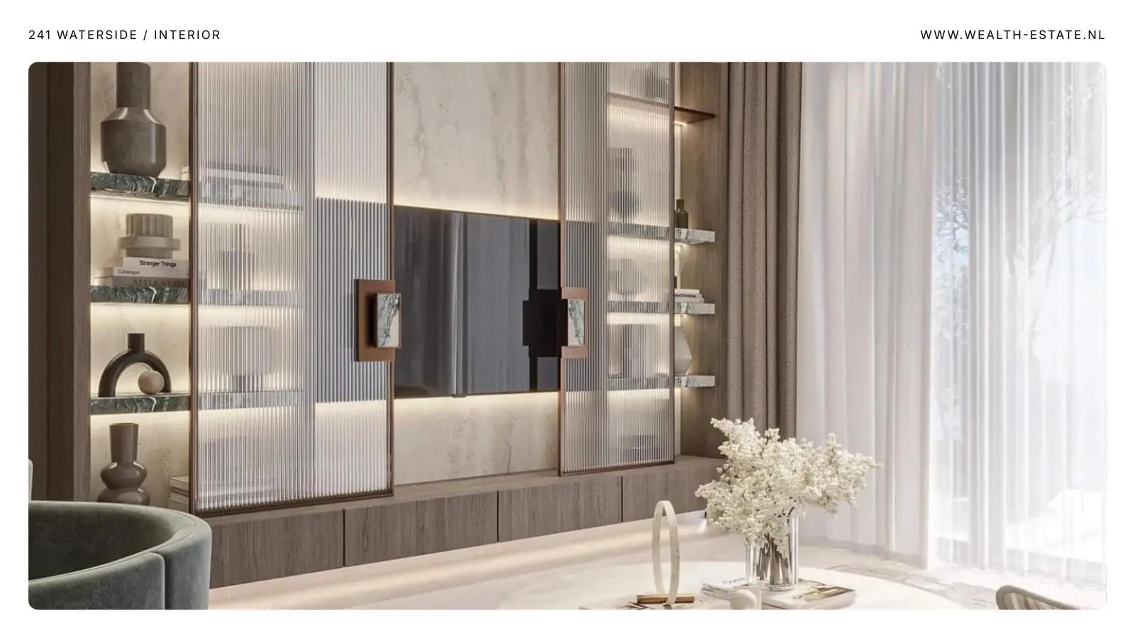 Living room wall unit with fluted glass doors