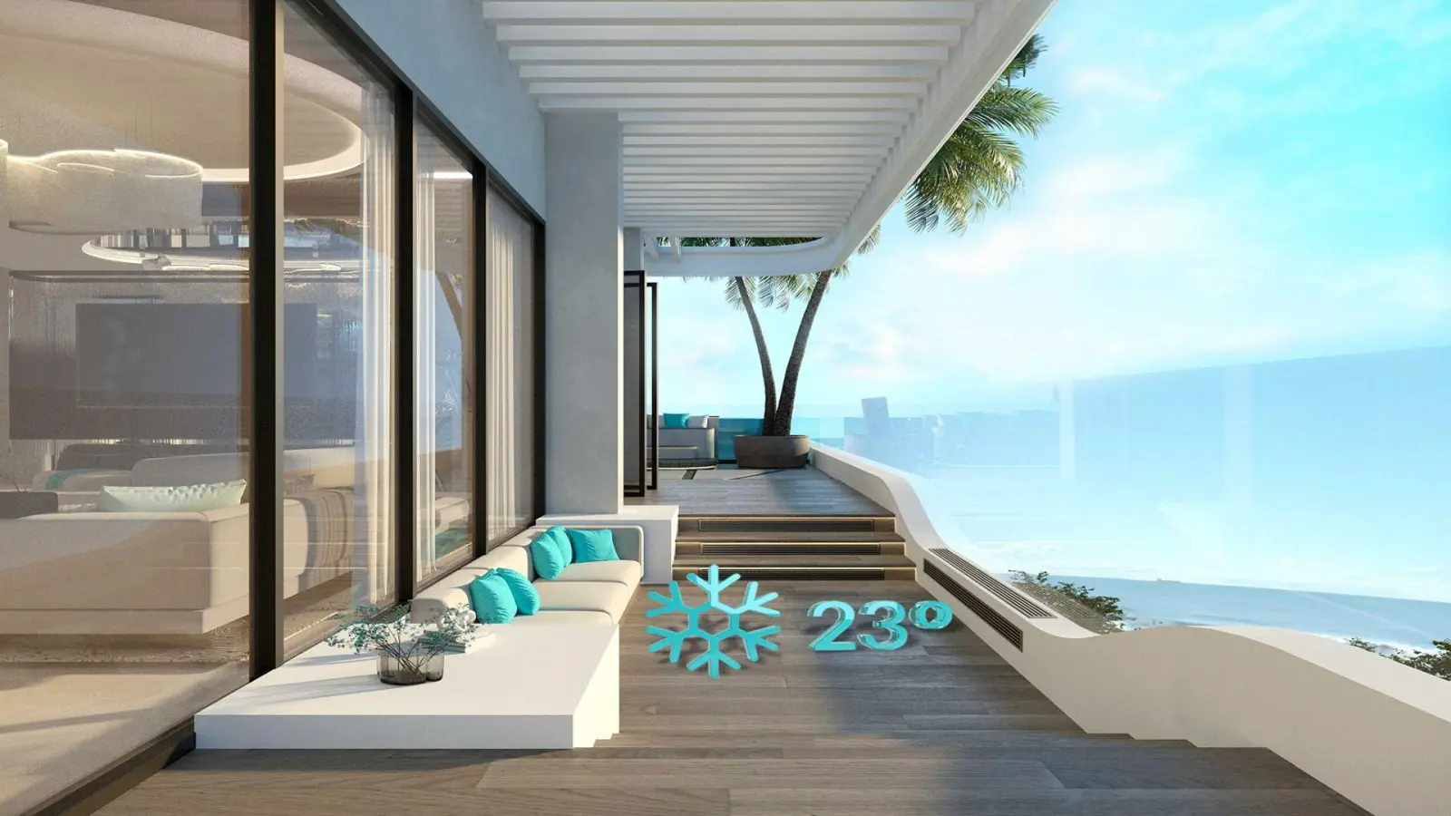 Cooled balcony terrace at 23 degrees facing the sea