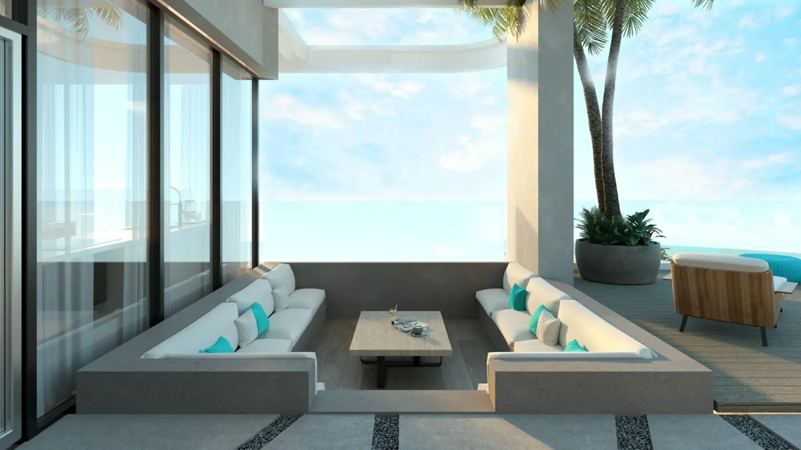Sunken seating area on a terrace facing the sea