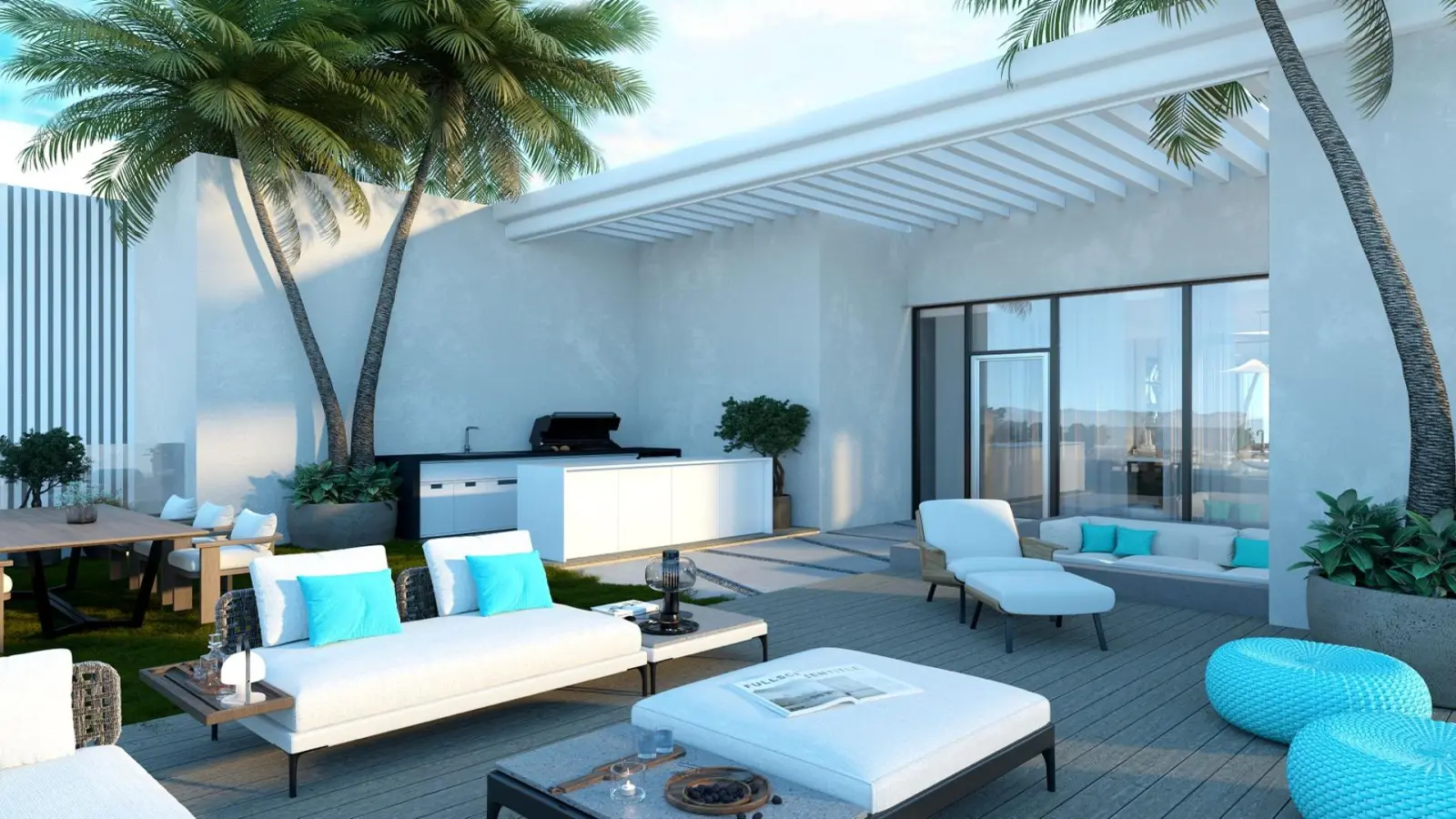 Terrace with BBQ kitchen, lounge and palm trees