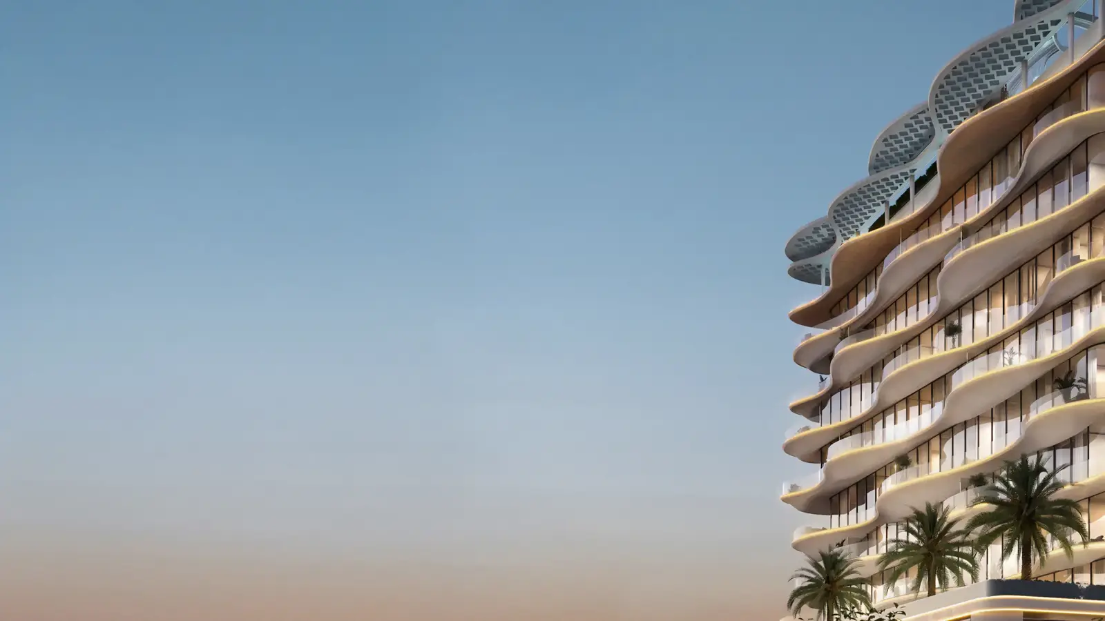 Curved wavy balconies on the tower facade at dusk
