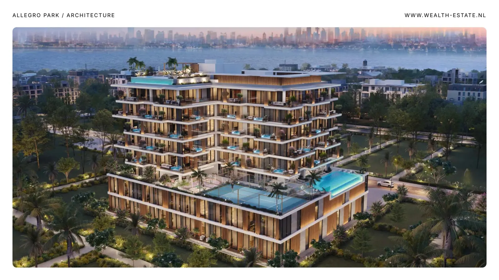 Aerial view of the building with pools and city skyline