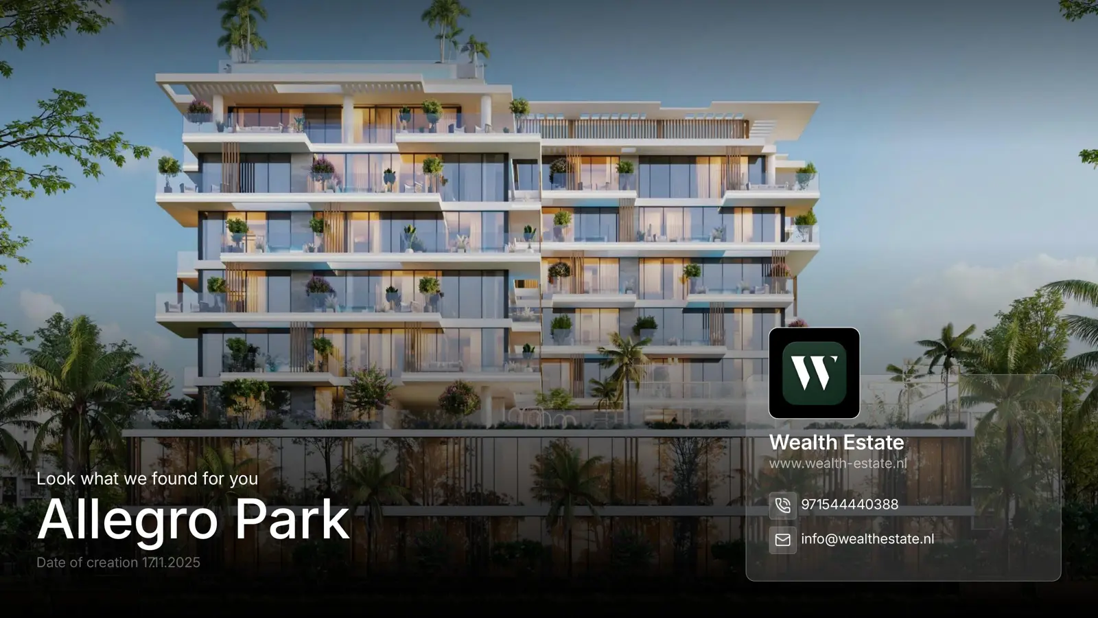 Terraced residential building with planted balconies at dusk