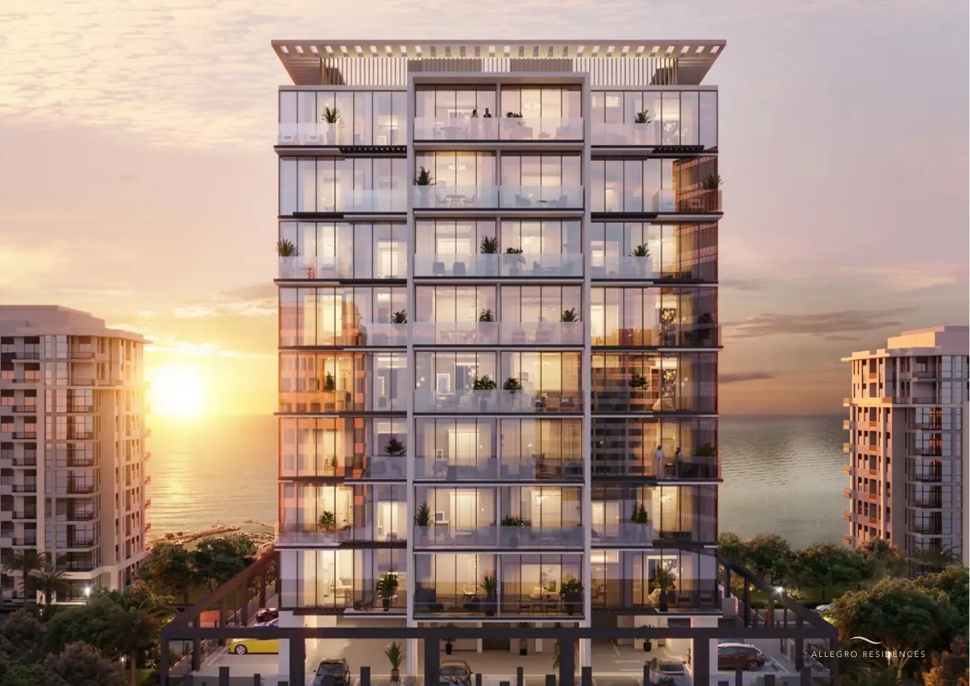 Tower facade at sunset facing the sea