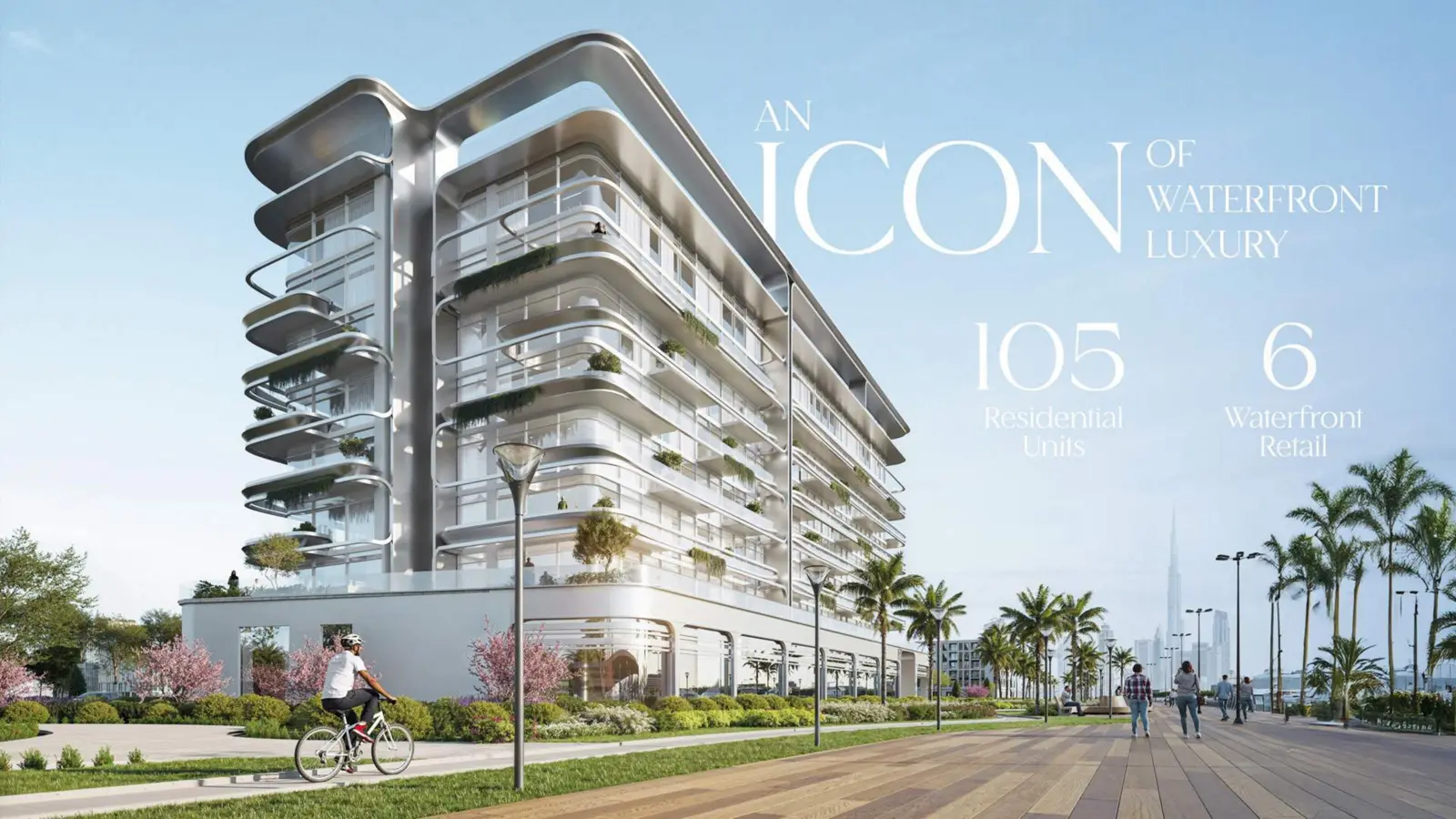 Corner view of tower with promenade and unit counts