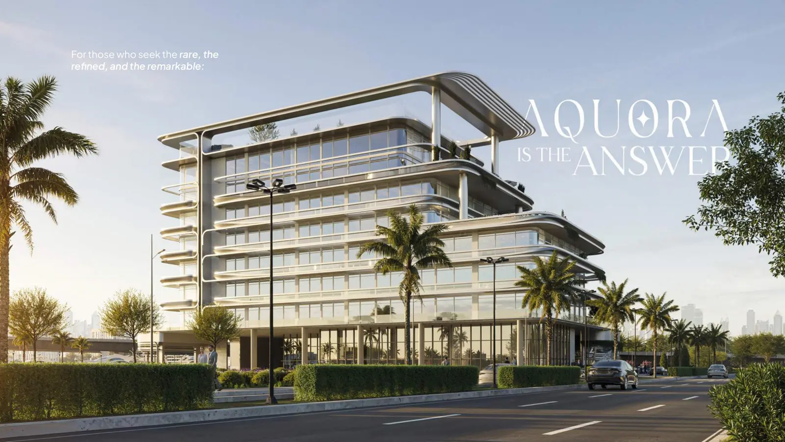 Full building facade with palms and road